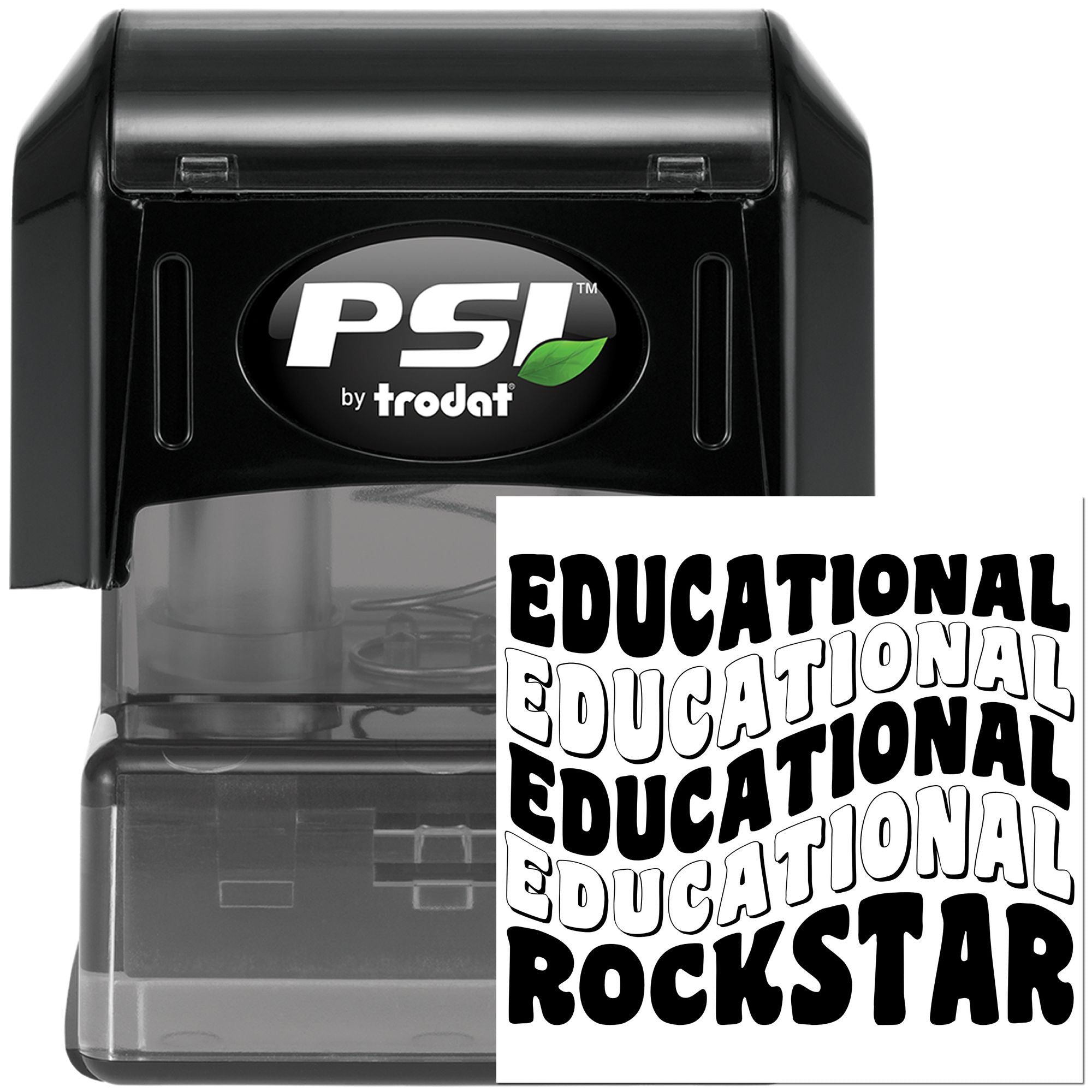 PSI by Trodat self-inking rubber stamp with Educational Rock Star impression for teachers and classroom rewards.
