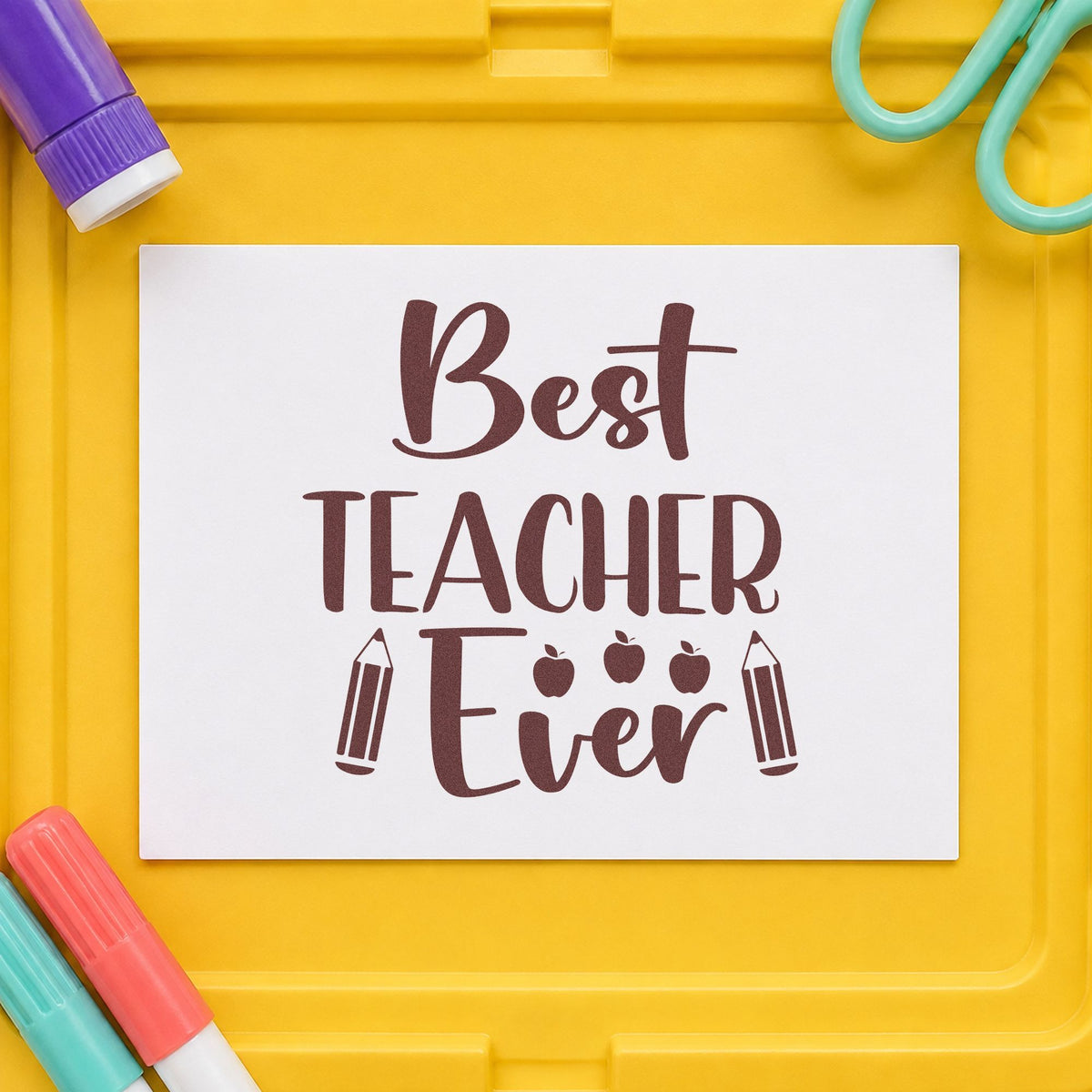 Best Teacher Ever Pencils rubber stamp printed in brown ink, ready for hamper slot labels and similar paper crafts.