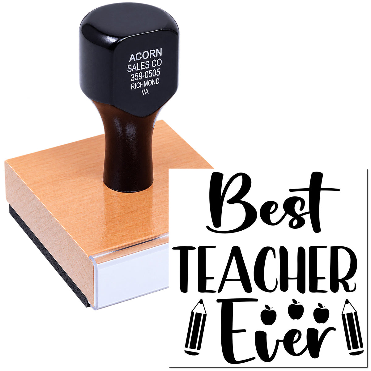 Best Teacher Ever custom rubber stamp with ink pad, ideal for classroom rewards and teacher appreciation gifts.