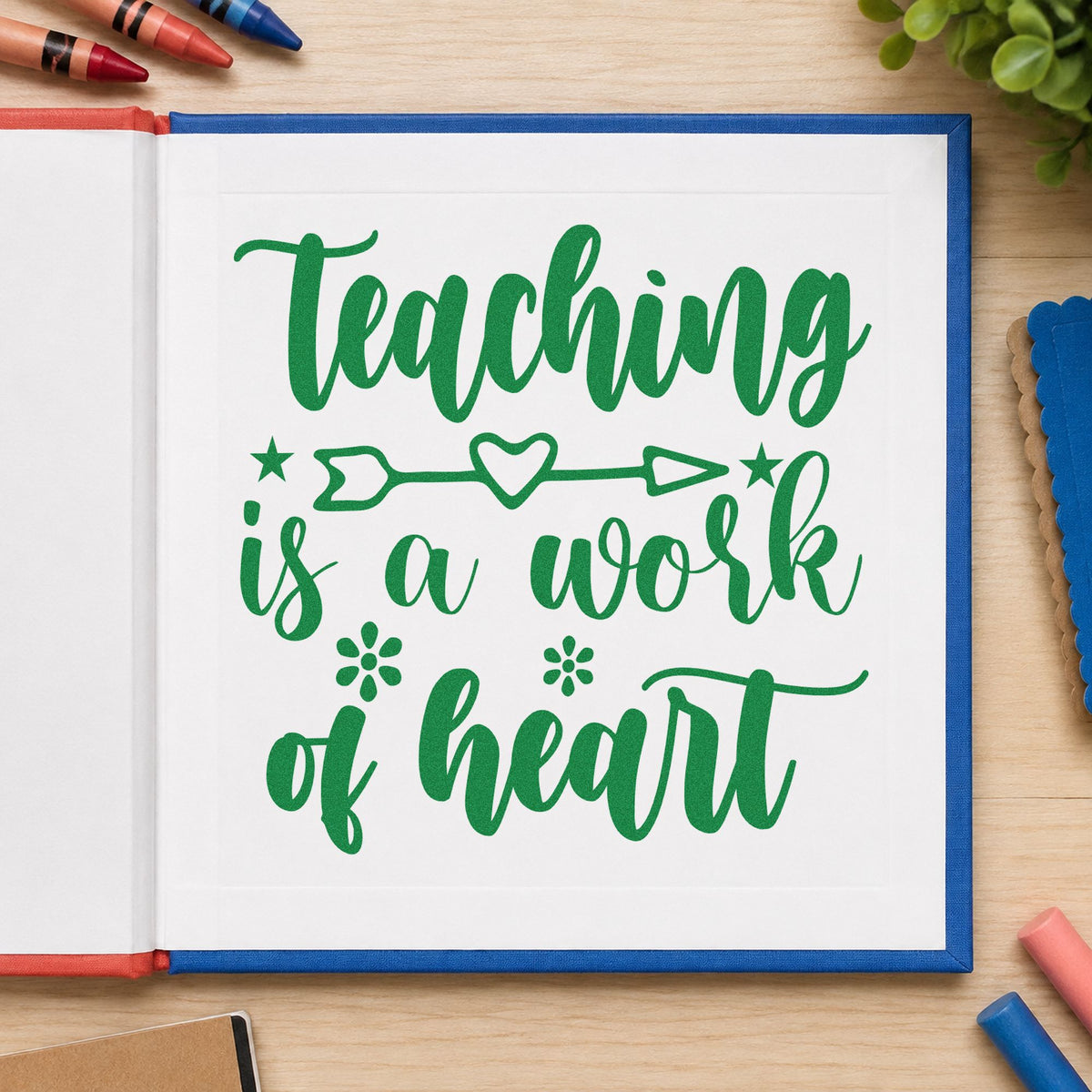 Teaching Work Of Heart Arrow craft stamp imprint in green ink on a handmade project, one idea being spring topic pages.