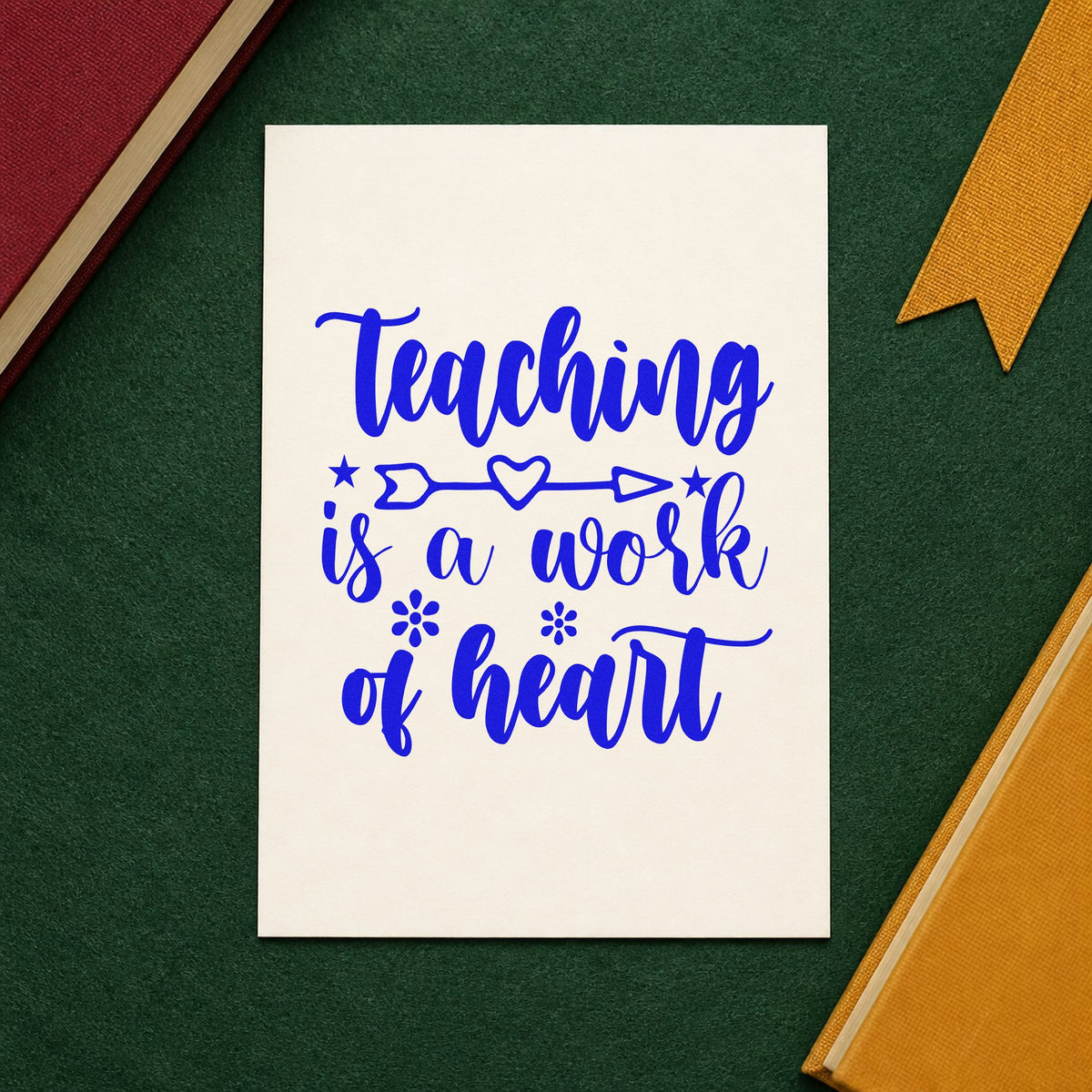 Teaching Work Of Heart Arrow craft stamp in blue ink on cardstock, an easy option for garden apron panels.