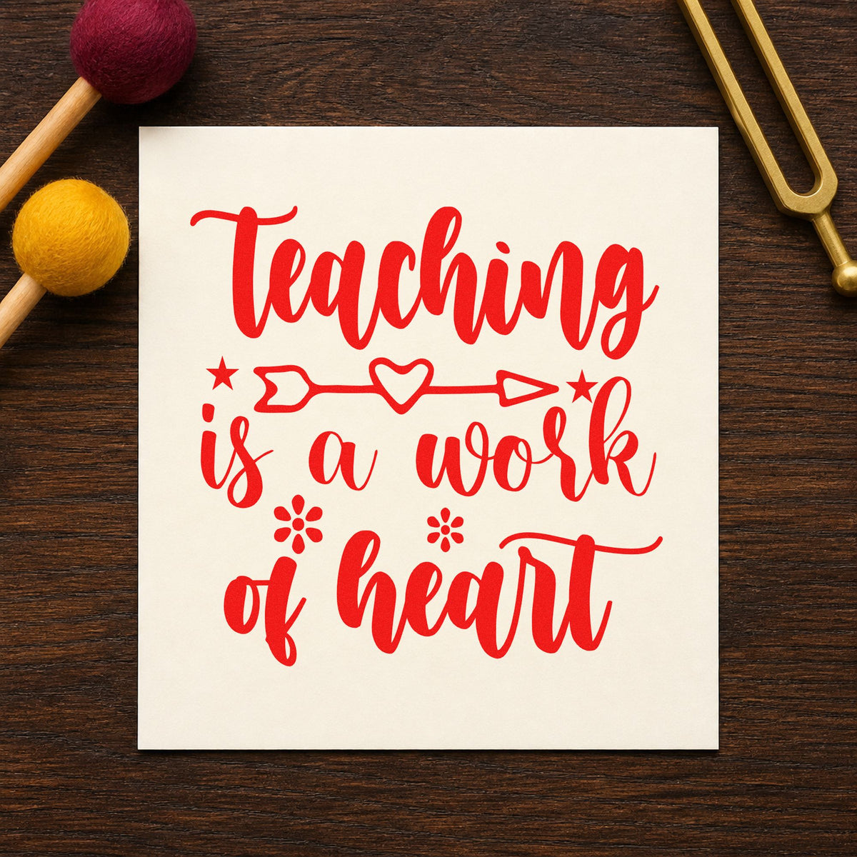 Teaching Work Of Heart Arrow rubber stamp shown in red ink, stamped for projects such as spring term notes.