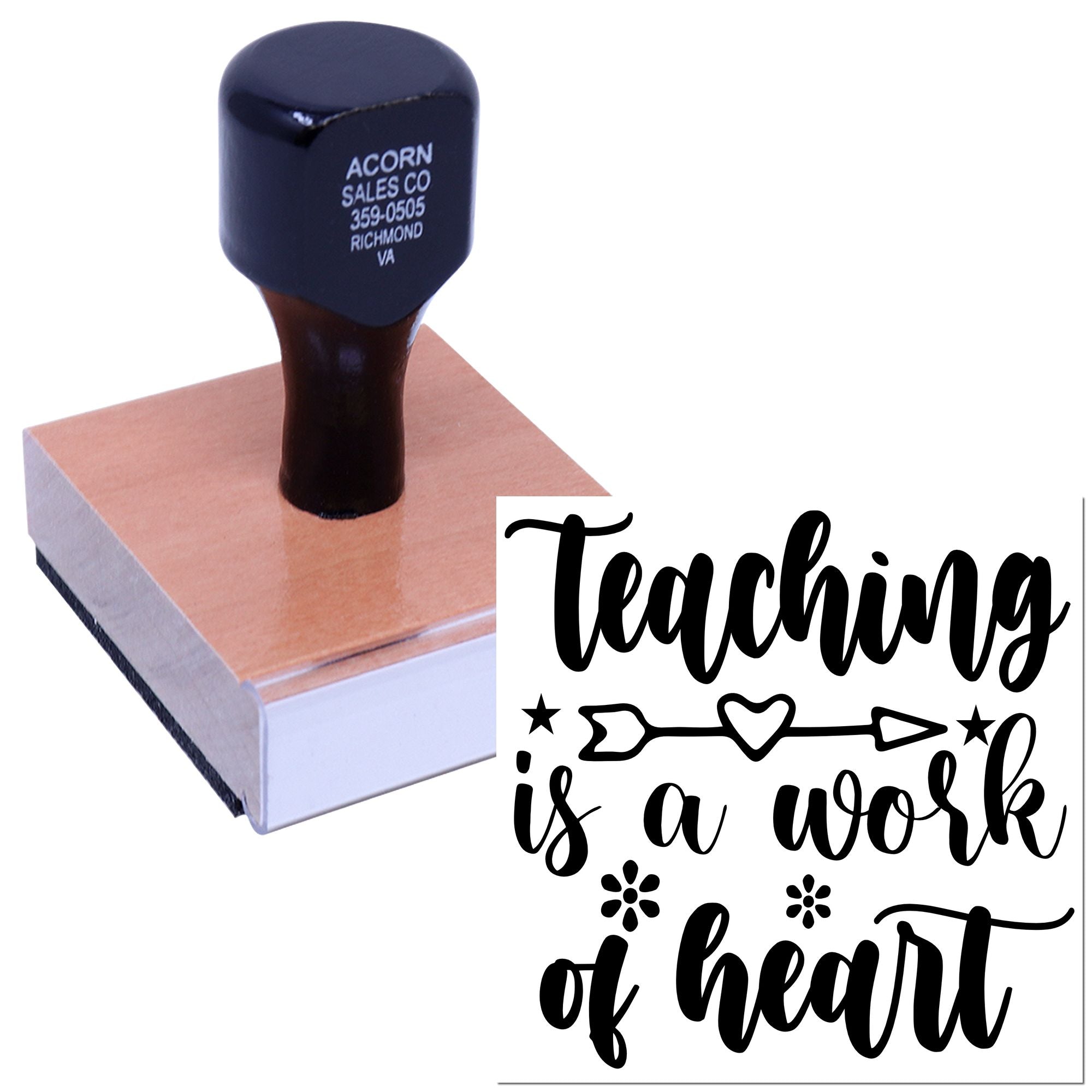 Custom rubber teaching stamp with Teaching is a work of heart design for educators, classroom rewards, and school crafts.
