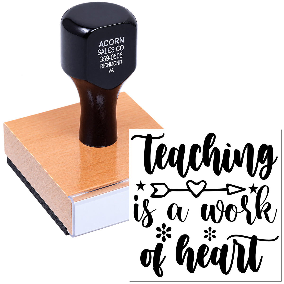 Custom rubber teaching stamp with Teaching is a work of heart design for educators, classroom rewards, and school crafts.