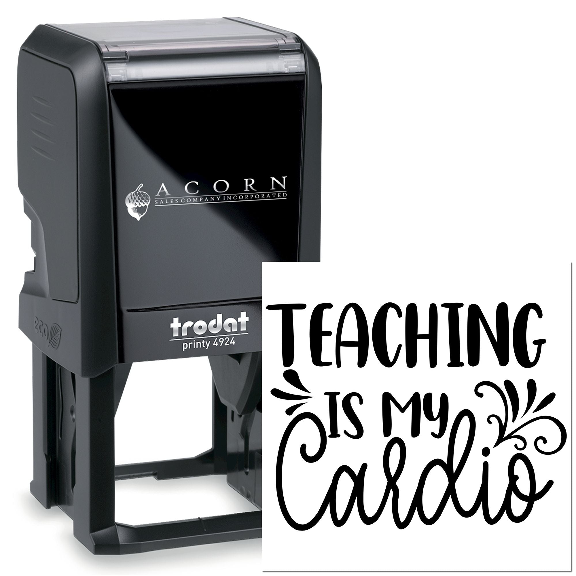 Self-inking rubber stamp with Teaching Is My Cardio design, ideal for teachers classroom grading and crafting.