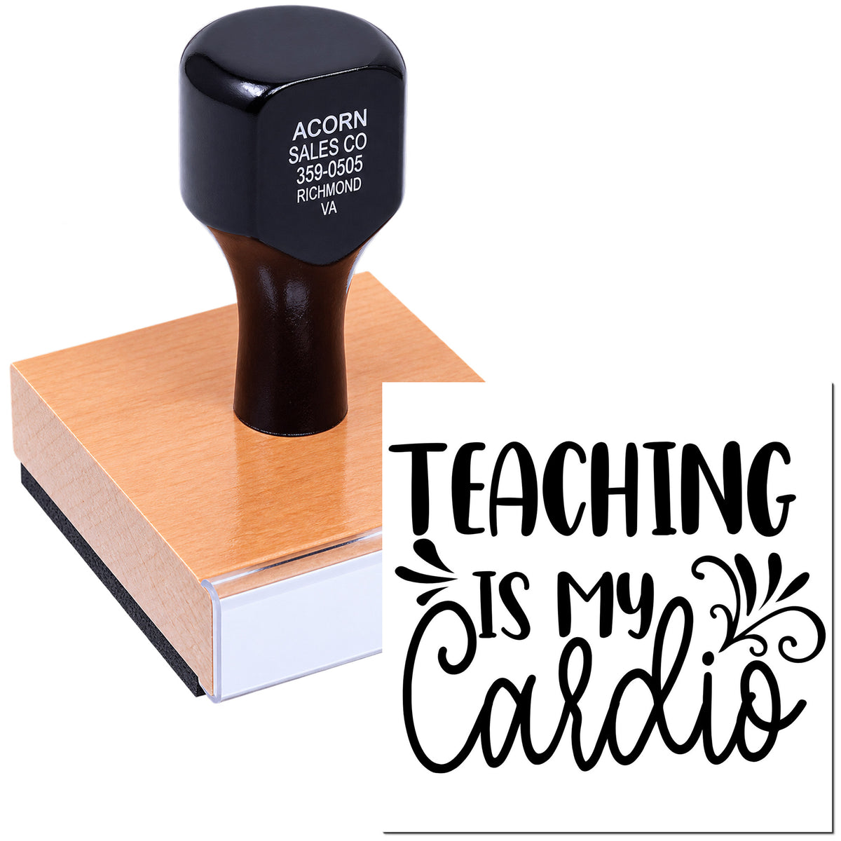 Teacher rubber stamp featuring Teaching Is My Cardio design for classroom crafts, gifts, and school stationery.