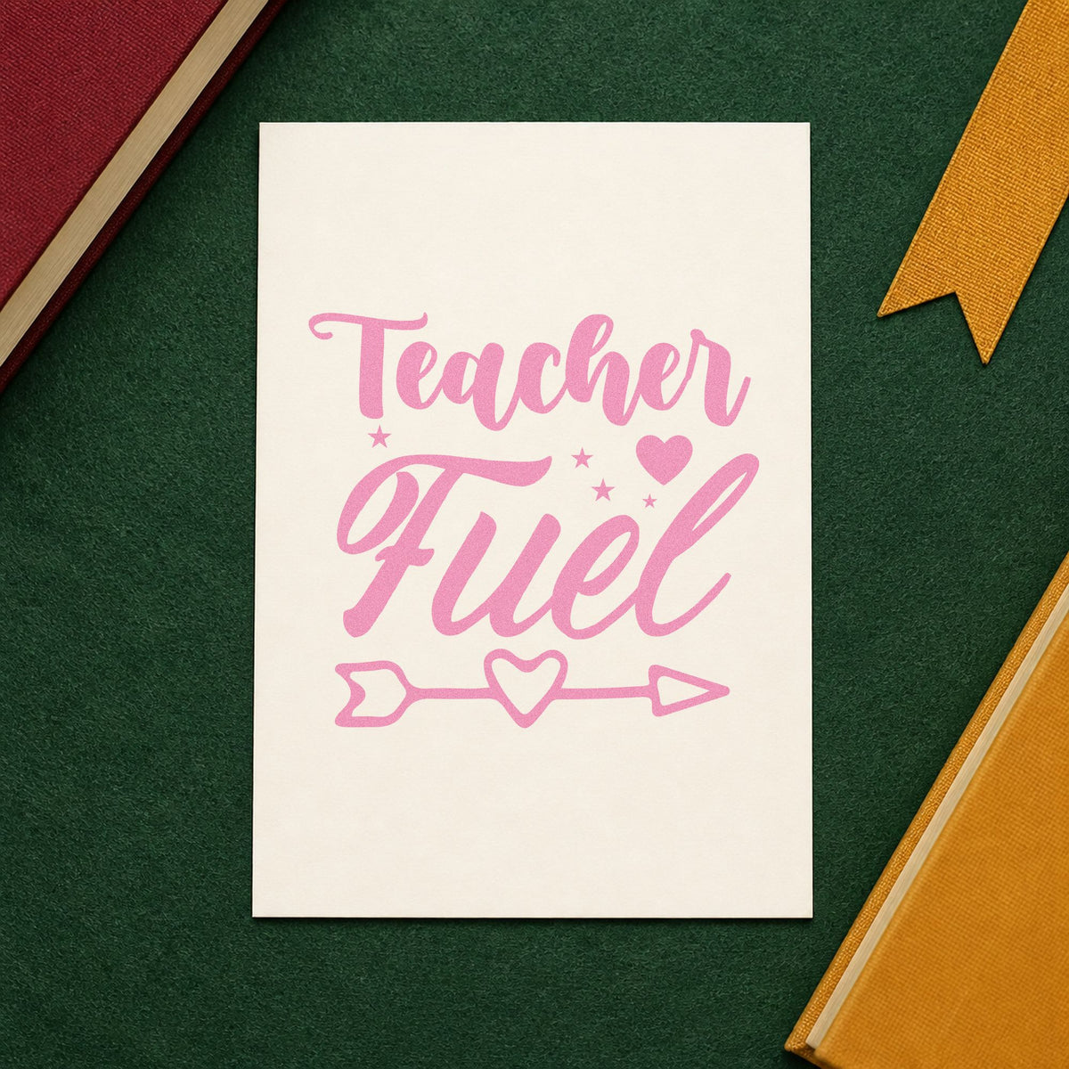 Teacher Fuel Heart Arrow craft stamp in purple ink on cardstock, an easy option for vending tub tags.