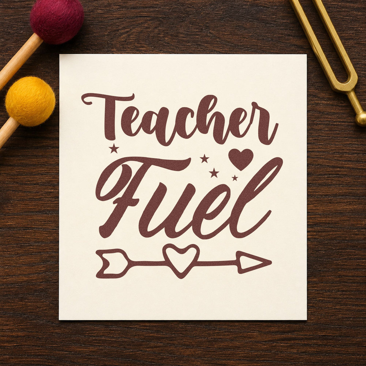 Teacher Fuel Heart Arrow rubber stamp printed in brown ink, ready for kettle caddy labels and similar paper crafts.