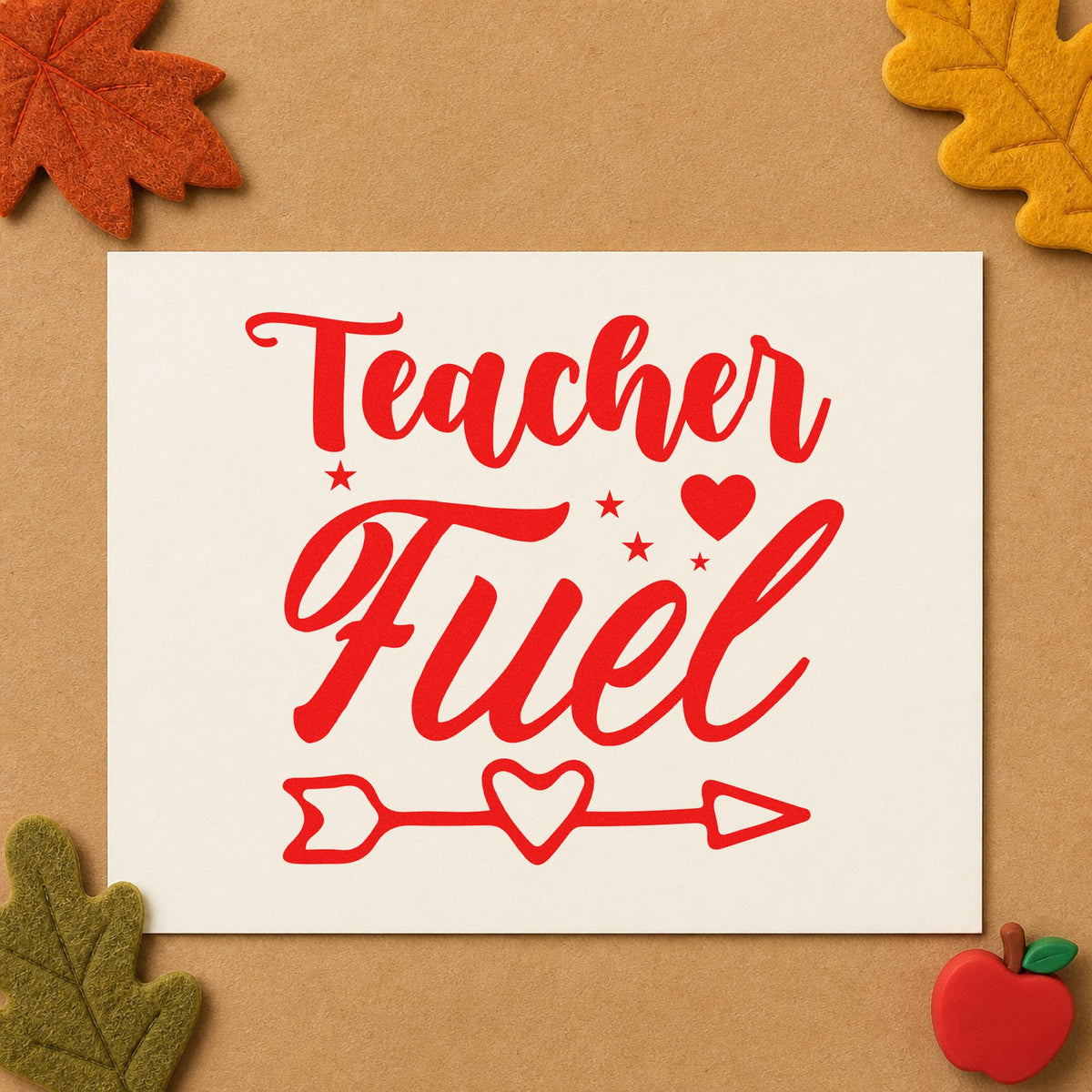 Teacher Fuel Heart Arrow rubber stamp shown in red ink, stamped for projects such as late meeting notes.