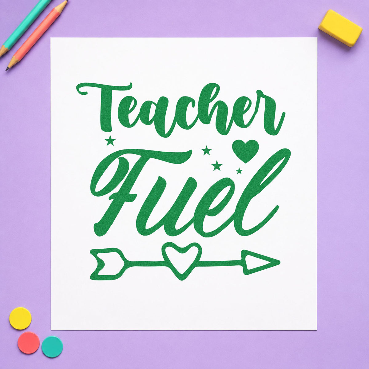 Teacher Fuel Heart Arrow craft stamp imprint in green ink on a handmade project, one idea being framed snack shelf.