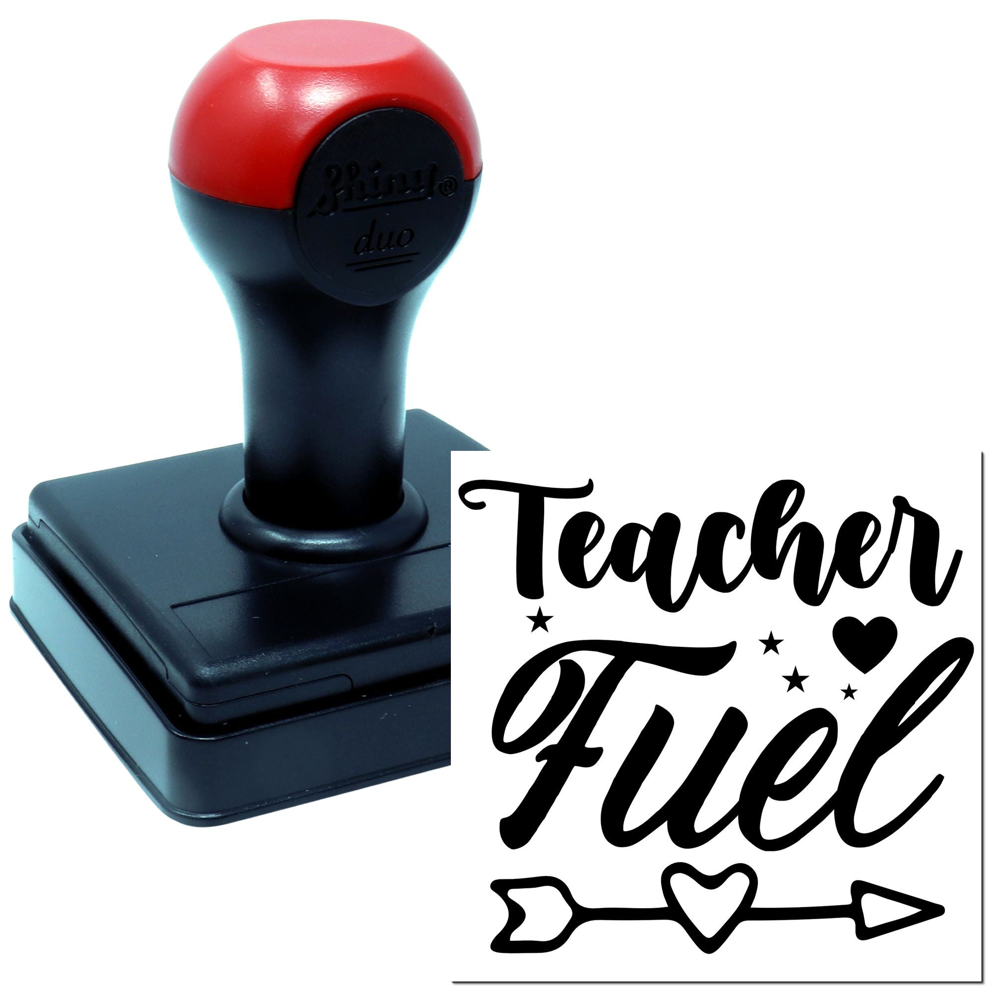 Teacher Fuel custom rubber stamp for educators, with playful script and heart-arrow design for classroom use.