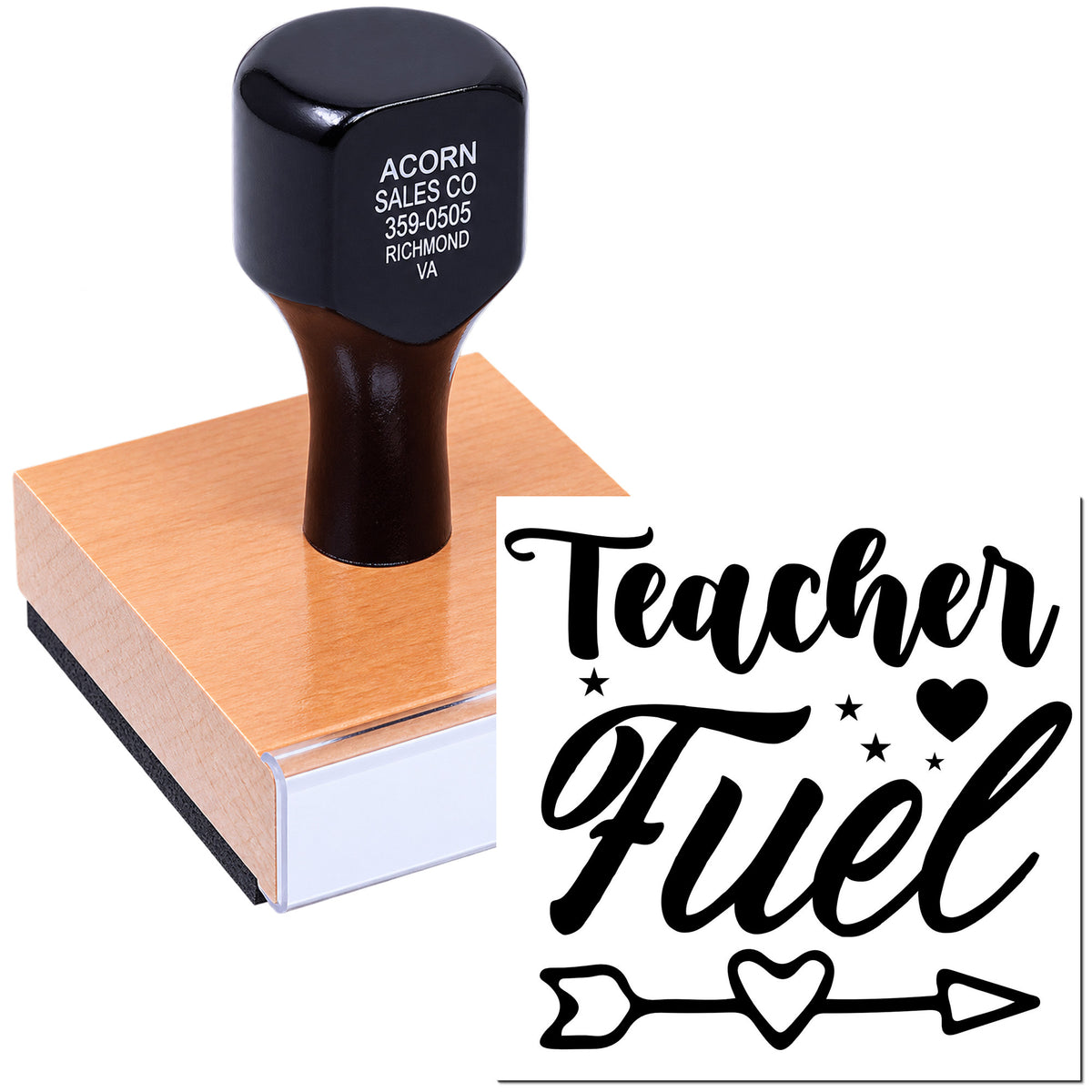 Teacher Fuel rubber stamp on ink pad, a custom classroom stamp for teachers, planners, crafts, and gift packaging.