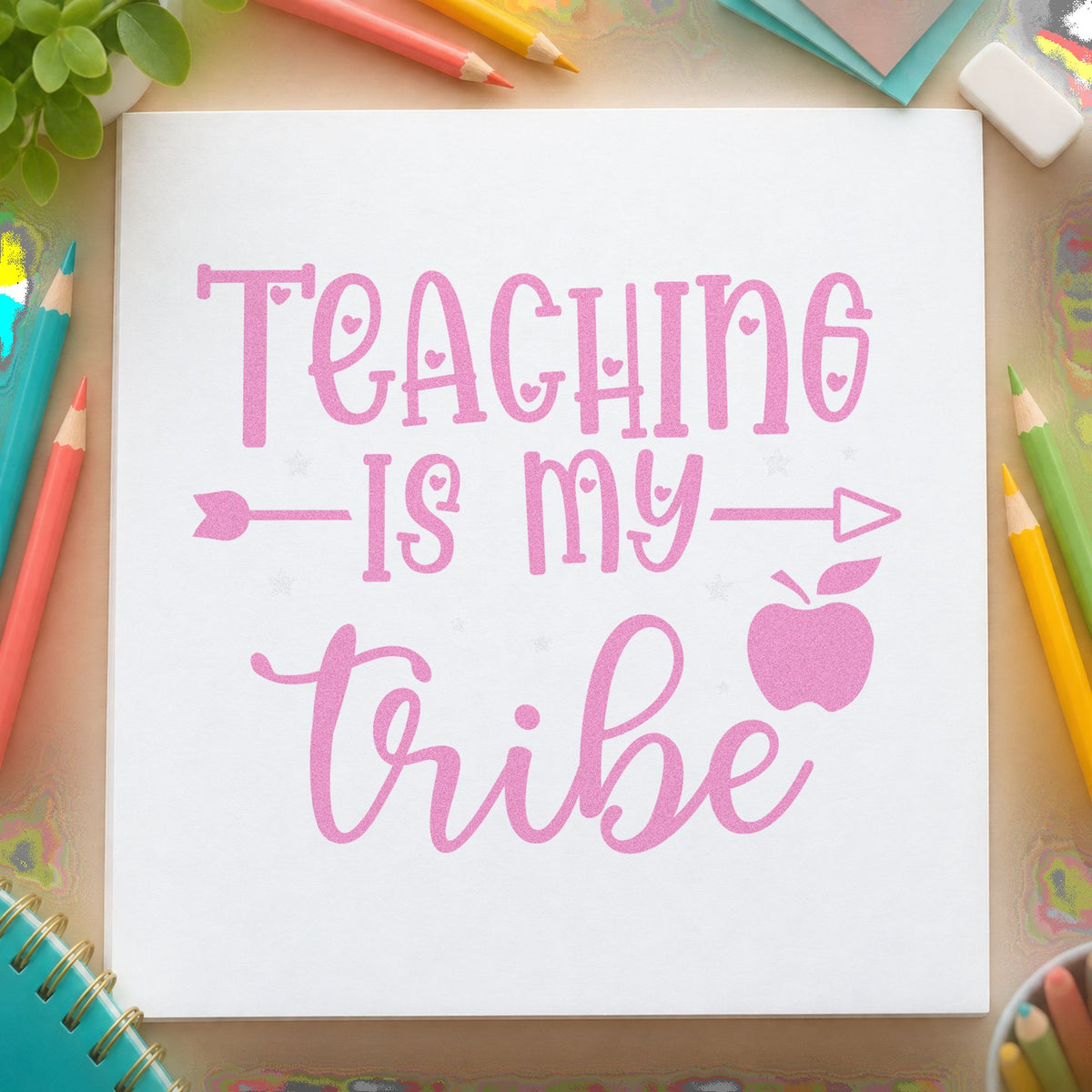 Teaching Is My Tribe craft stamp in purple ink on cardstock, an easy option for department tags.