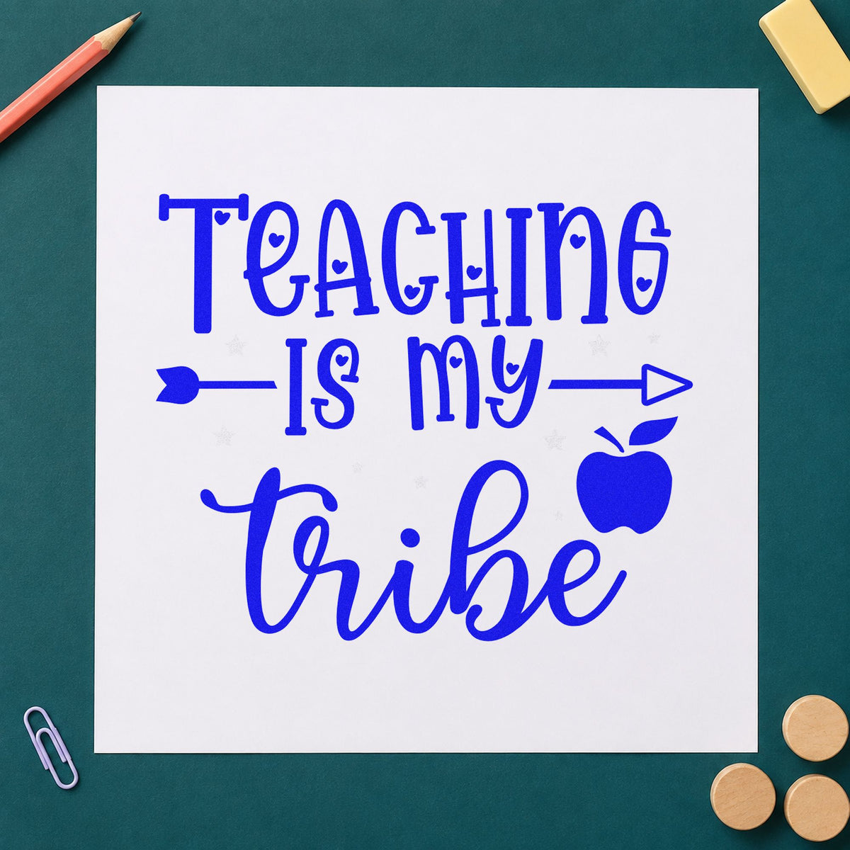Teaching Is My Tribe craft stamp in blue ink on cardstock, an easy option for folder strap panels.