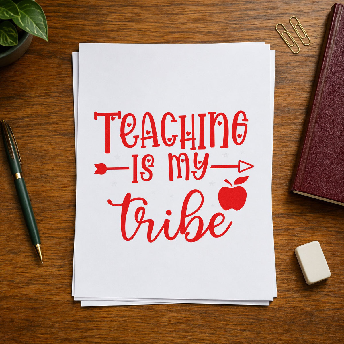 Teaching Is My Tribe rubber stamp shown in red ink, stamped for projects such as results week notes.