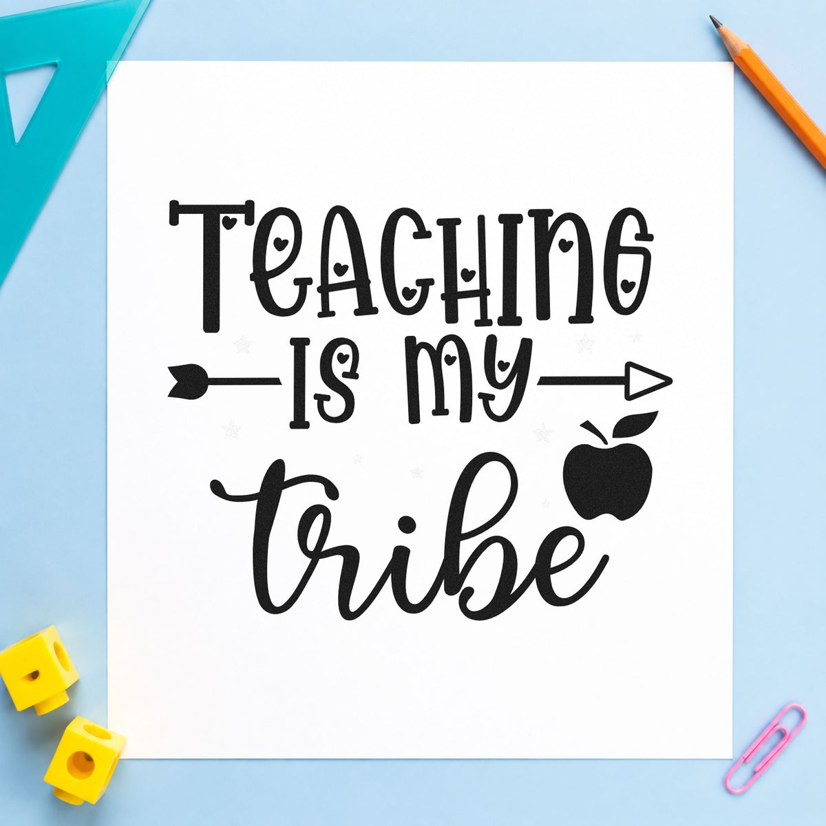 Teaching Is My Tribe rubber stamp printed in black ink, ready for arrow apple cards and similar paper crafts.
