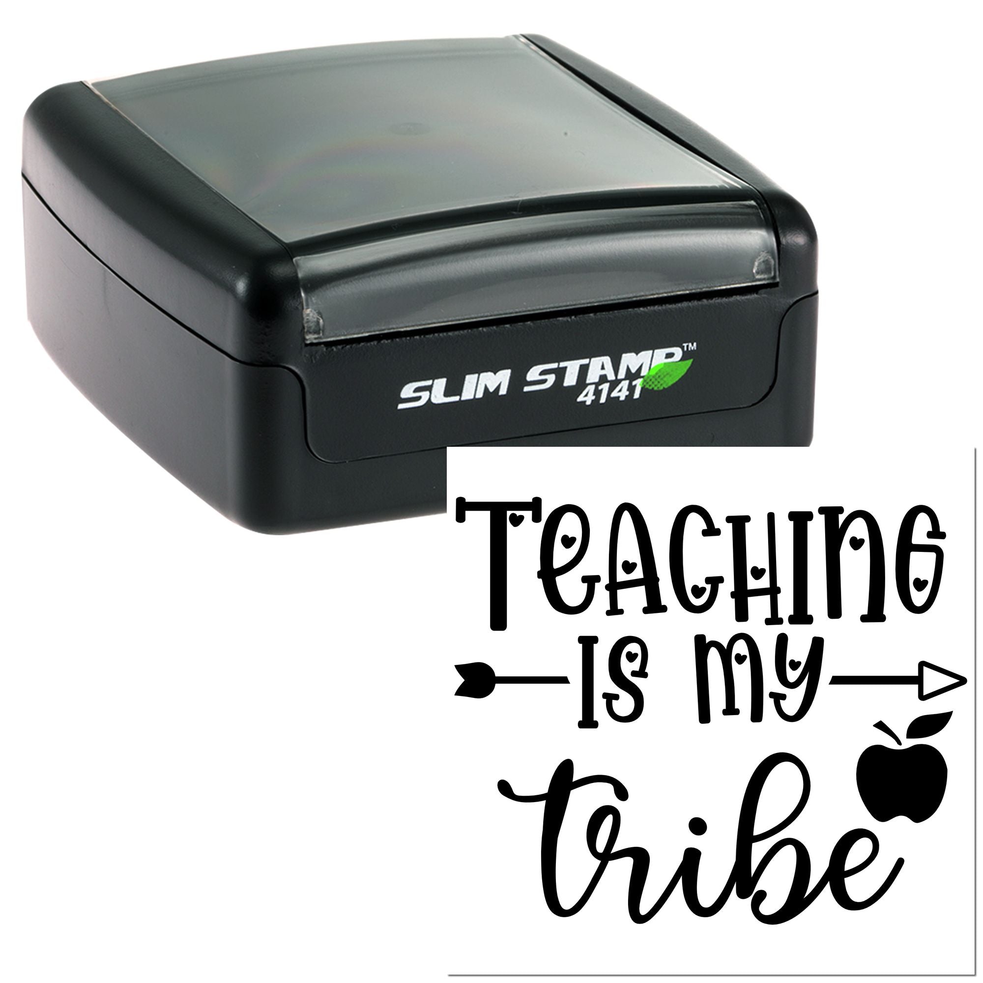 Custom self-inking rubber stamp for teachers featuring Teaching is my tribe with apple icon, Slim Stamp 4141.