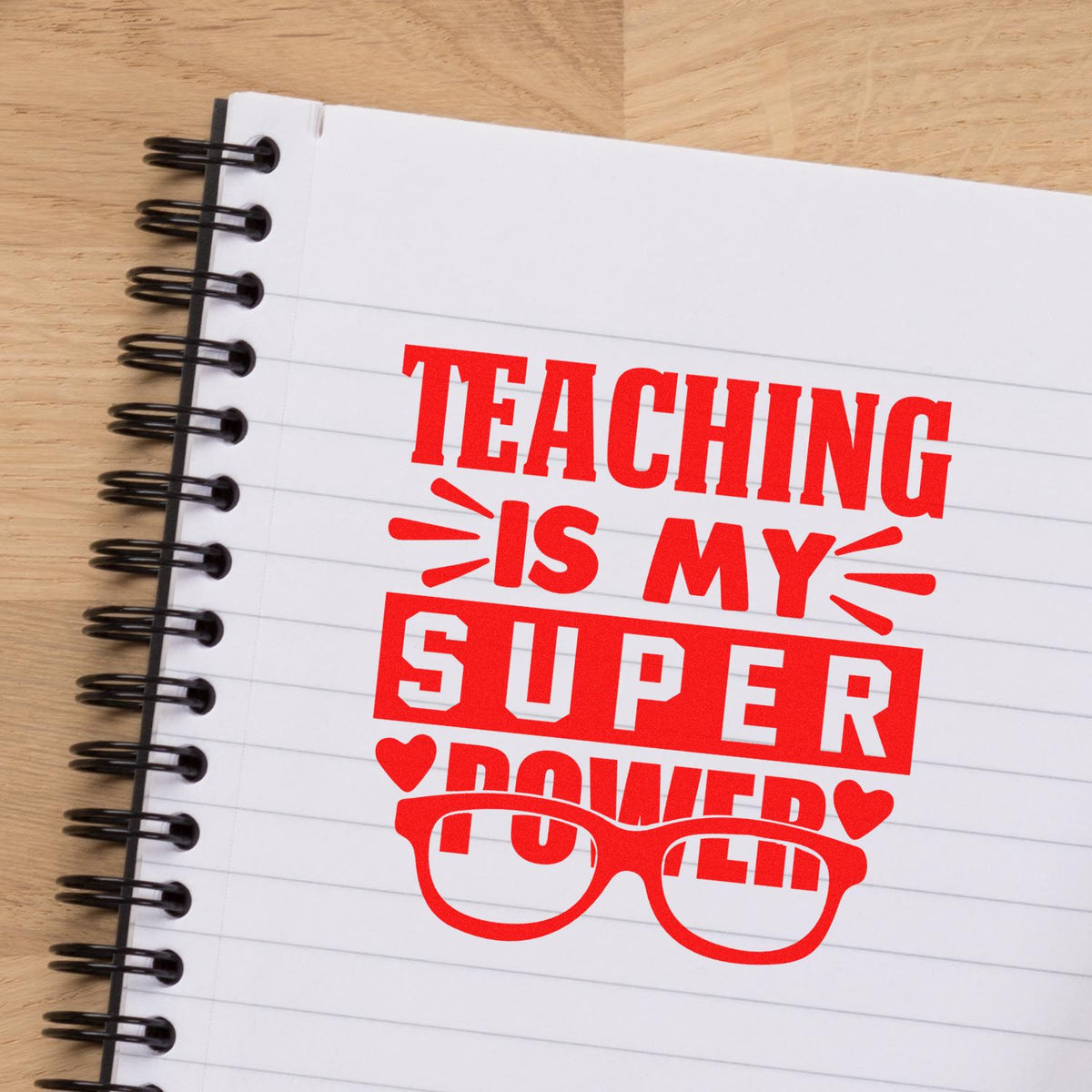 Teaching Super Power Glasses rubber stamp shown in red ink, stamped for projects such as optician visit tags.