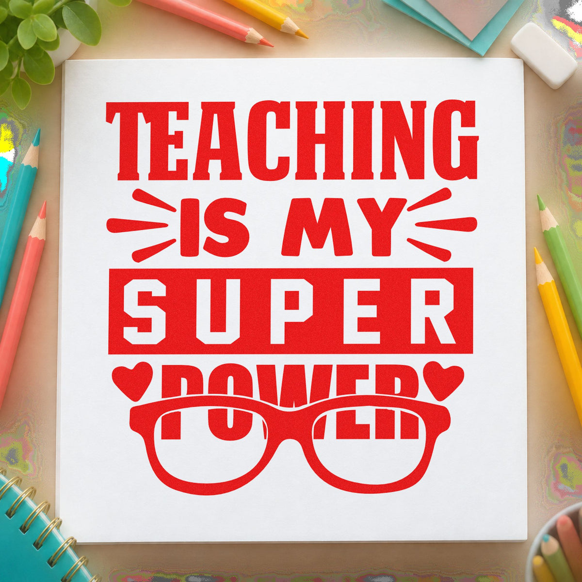Teaching Super Power Glasses rubber stamp shown in red ink, stamped for projects such as eye test notes.