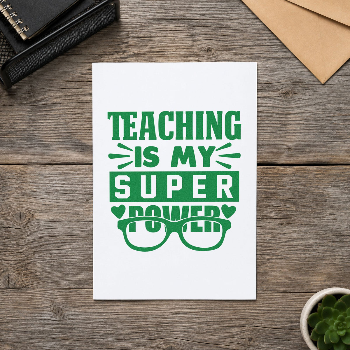 Teaching Super Power Glasses craft stamp imprint in green ink on a handmade project, one idea being framed desk mirror.