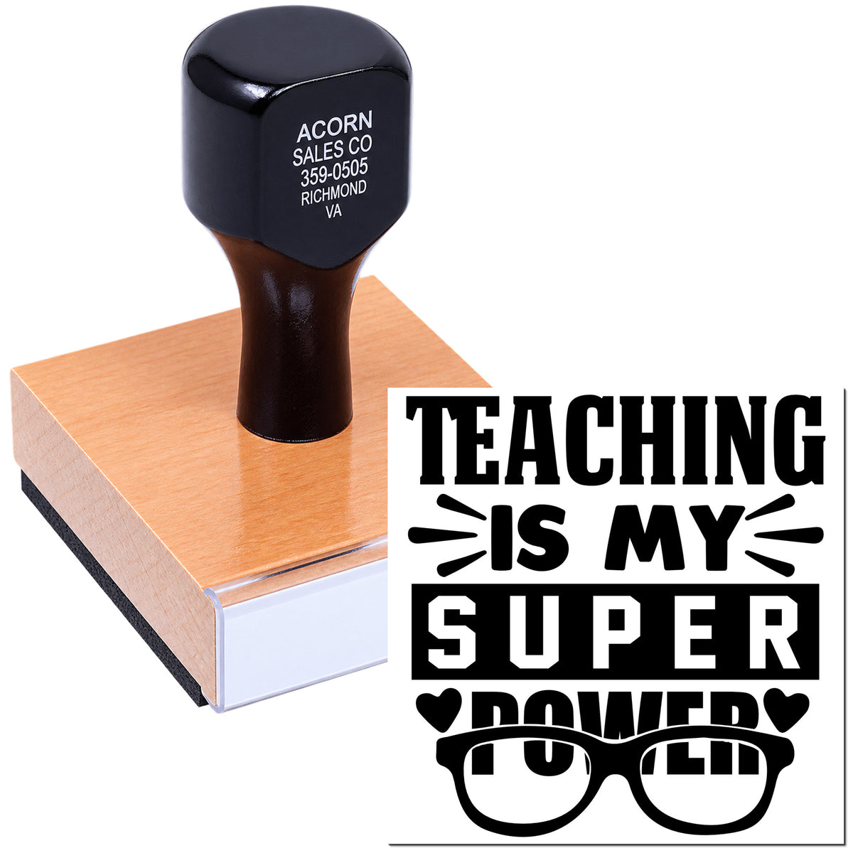 Custom rubber stamp with Teaching Is My Super Power design, ideal for teacher gifts, classroom crafts, and school marking.