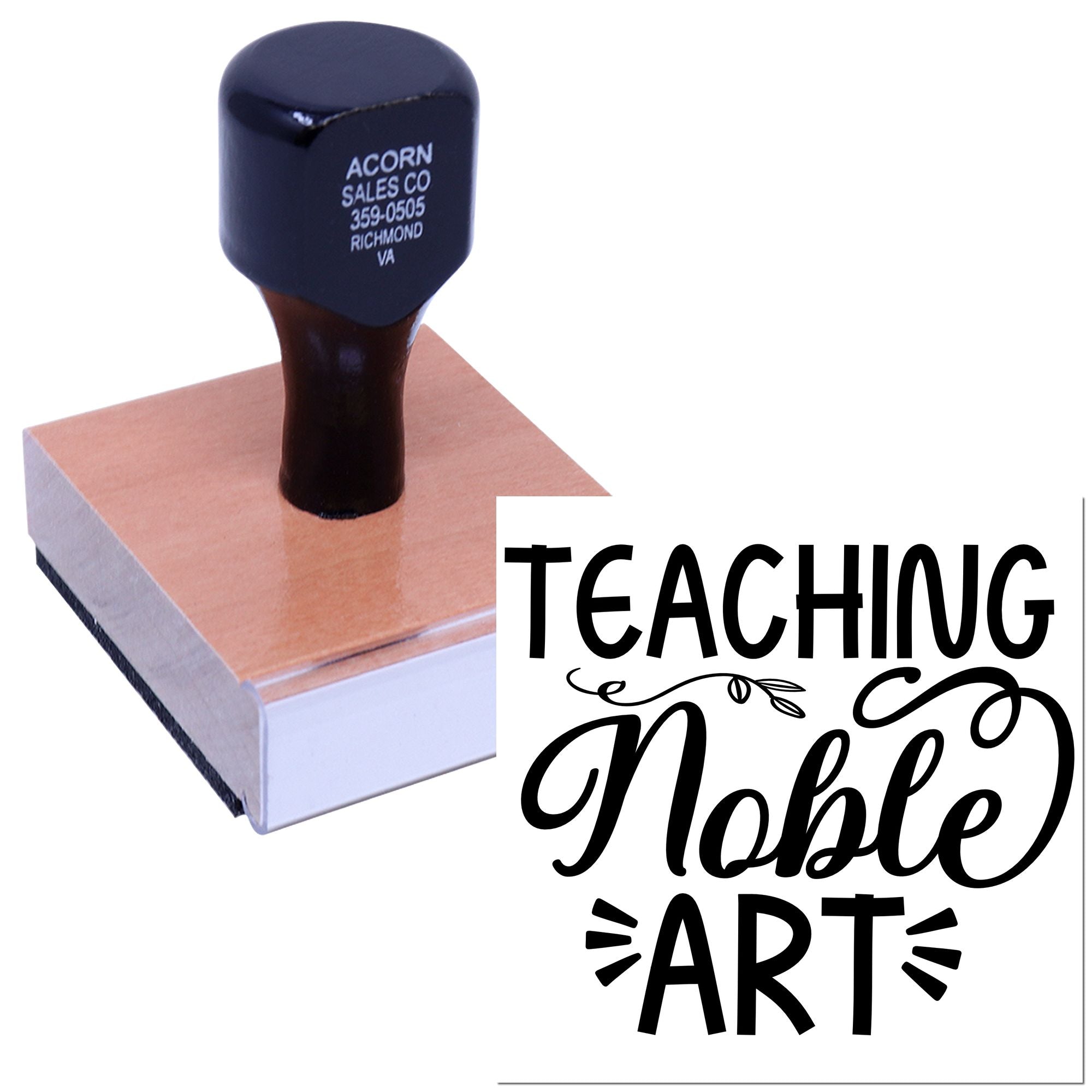 Custom teaching rubber stamp with Noble Art design, mounted on a wooden block for classroom crafts and teacher branding.