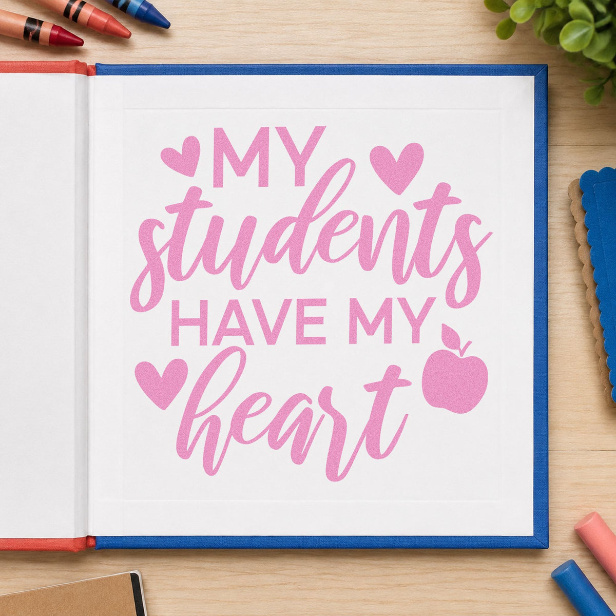 Students Have My Heart Apple craft stamp in purple ink on cardstock, an easy option for memory book tags.