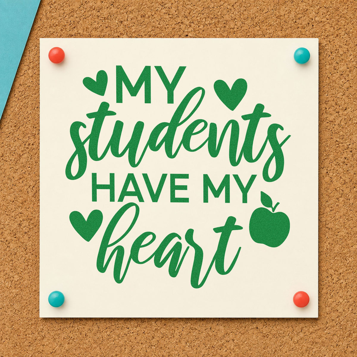 Students Have My Heart Apple craft stamp imprint in green ink on a handmade project, one idea being photo collage pages.