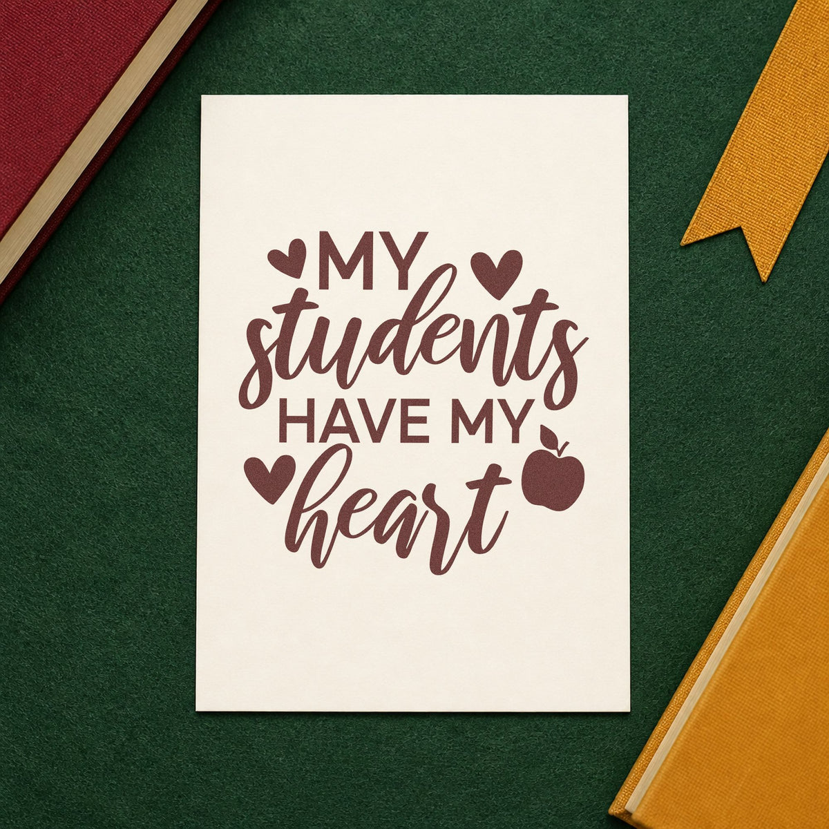 Students Have My Heart Apple rubber stamp printed in brown ink, ready for keepsake box labels and similar paper crafts.