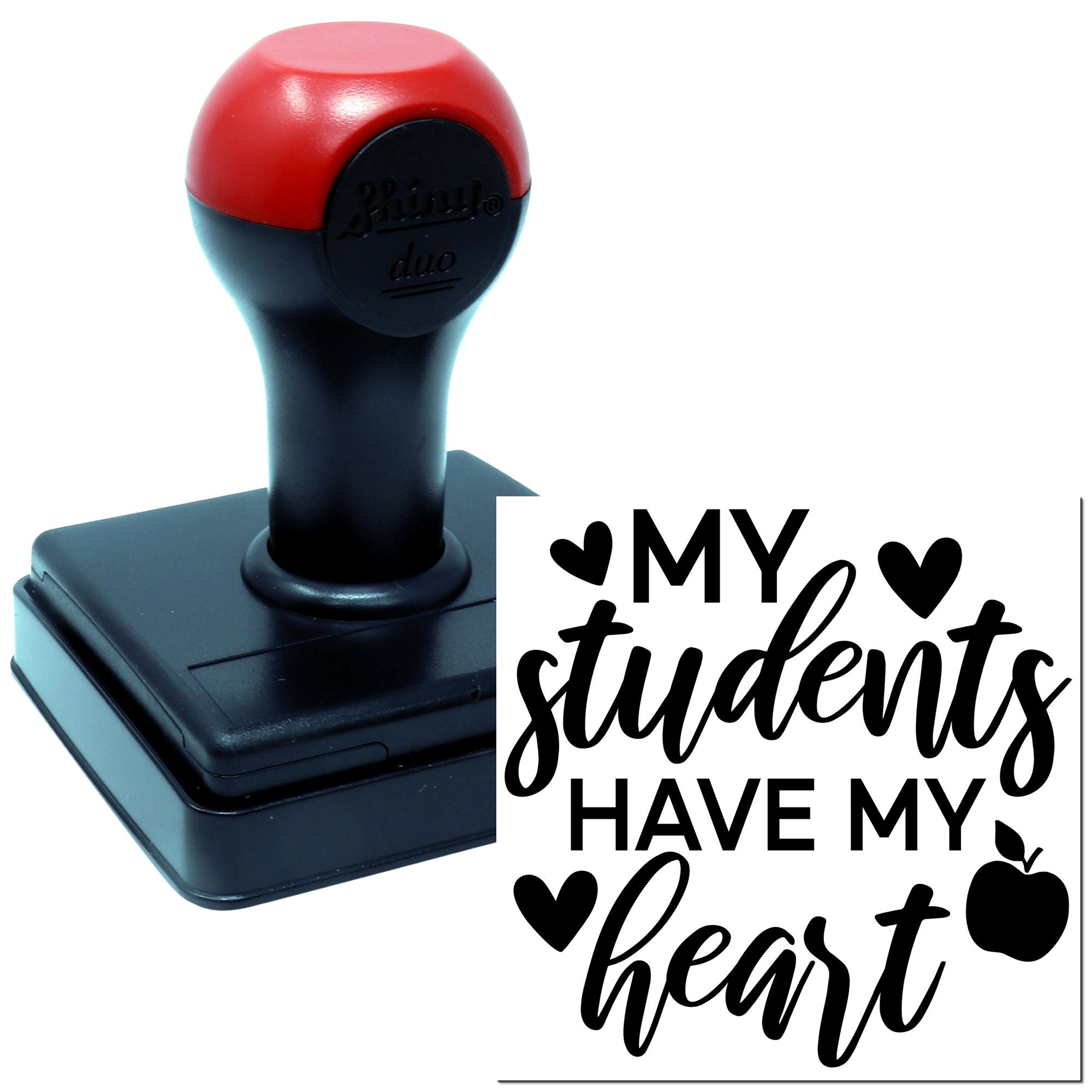 Teacher rubber stamp, self-inking, with My students have my heart design, hearts, and apple icon.
