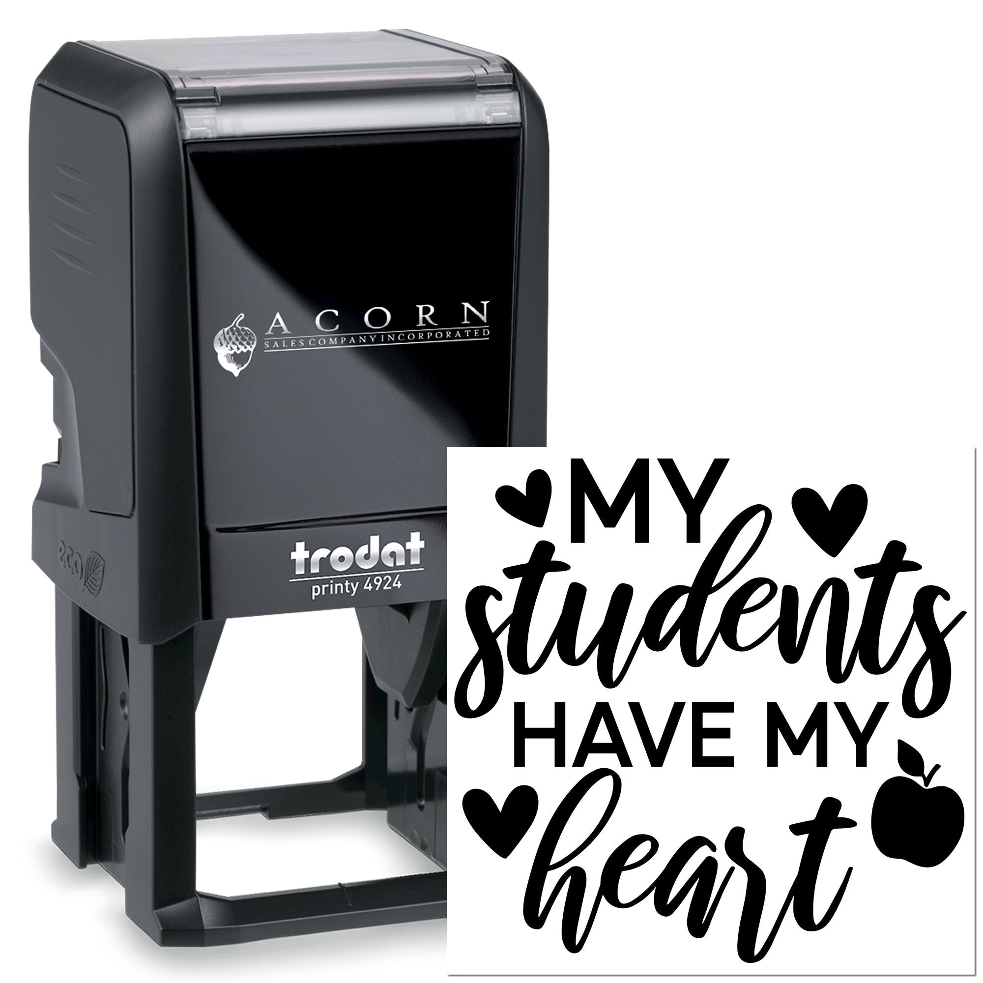 Custom self-inking teacher rubber stamp with My students have my heart design, hearts, and apple for classroom use.