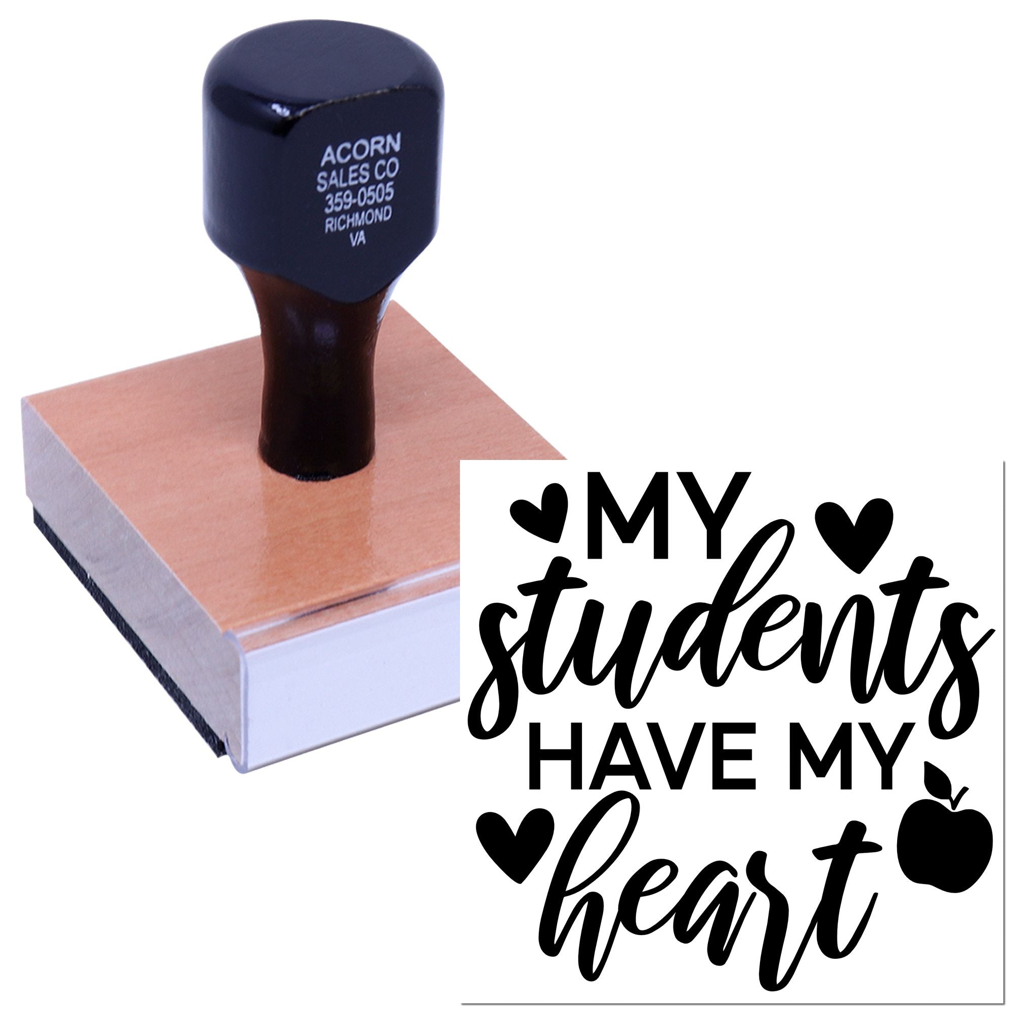 Custom teacher rubber stamp reading My students have my heart with hearts and apple for classroom use.