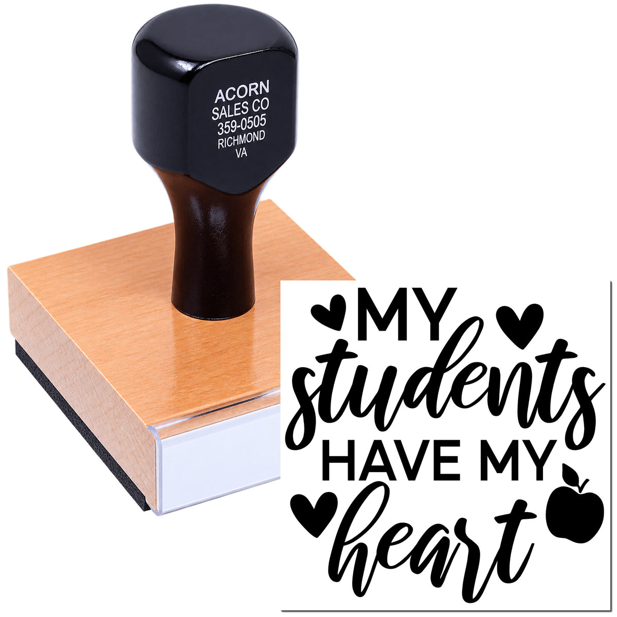 Custom teacher rubber stamp reading My students have my heart with hearts and apple for classroom use.