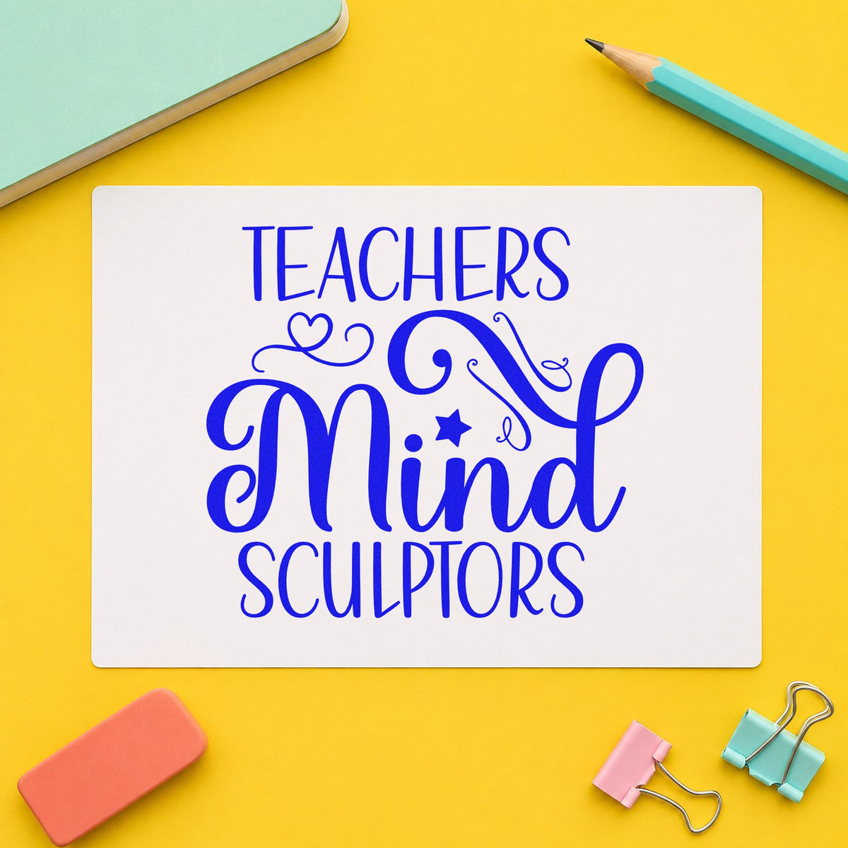Teachers Mind Sculptors craft stamp imprinted in blue ink on paper, a design suited to sculpture seals.
