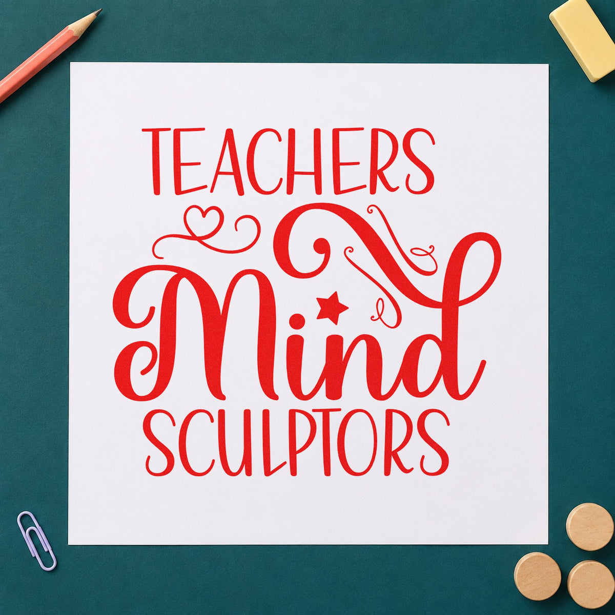 Teachers Mind Sculptors rubber stamp shown in red ink, stamped for projects such as exhibition notes.