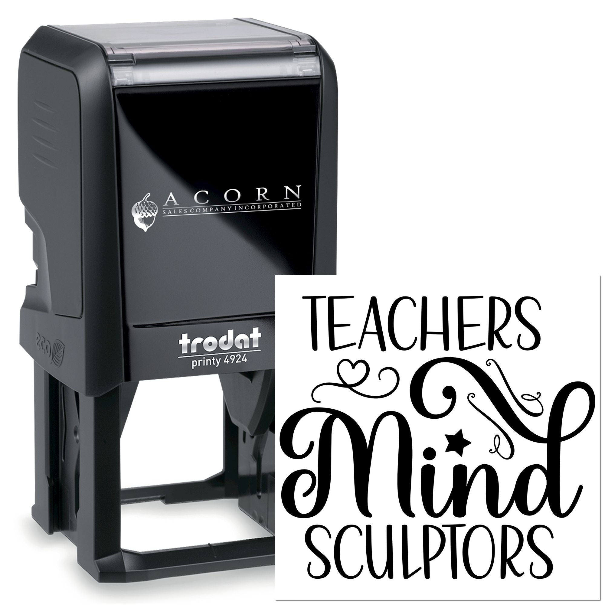 Self-inking rubber stamp with Teachers Mind Sculptors design for custom teacher appreciation stamping.