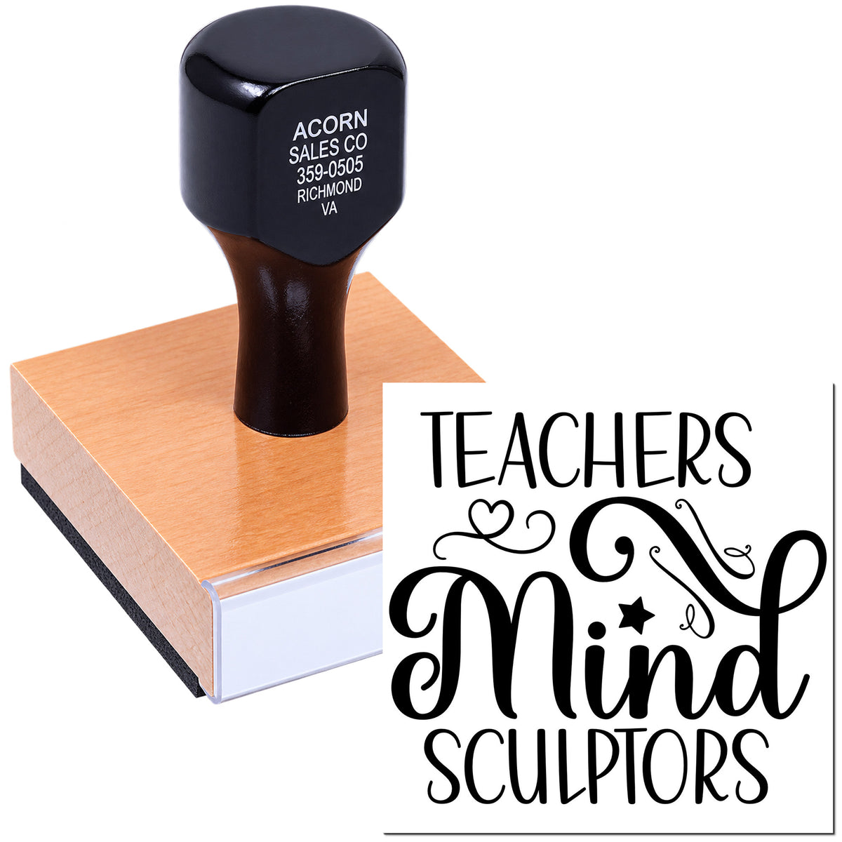 Custom teacher rubber stamp with Teachers Mind Sculptors design for classroom supplies, educator gifts, and grading.