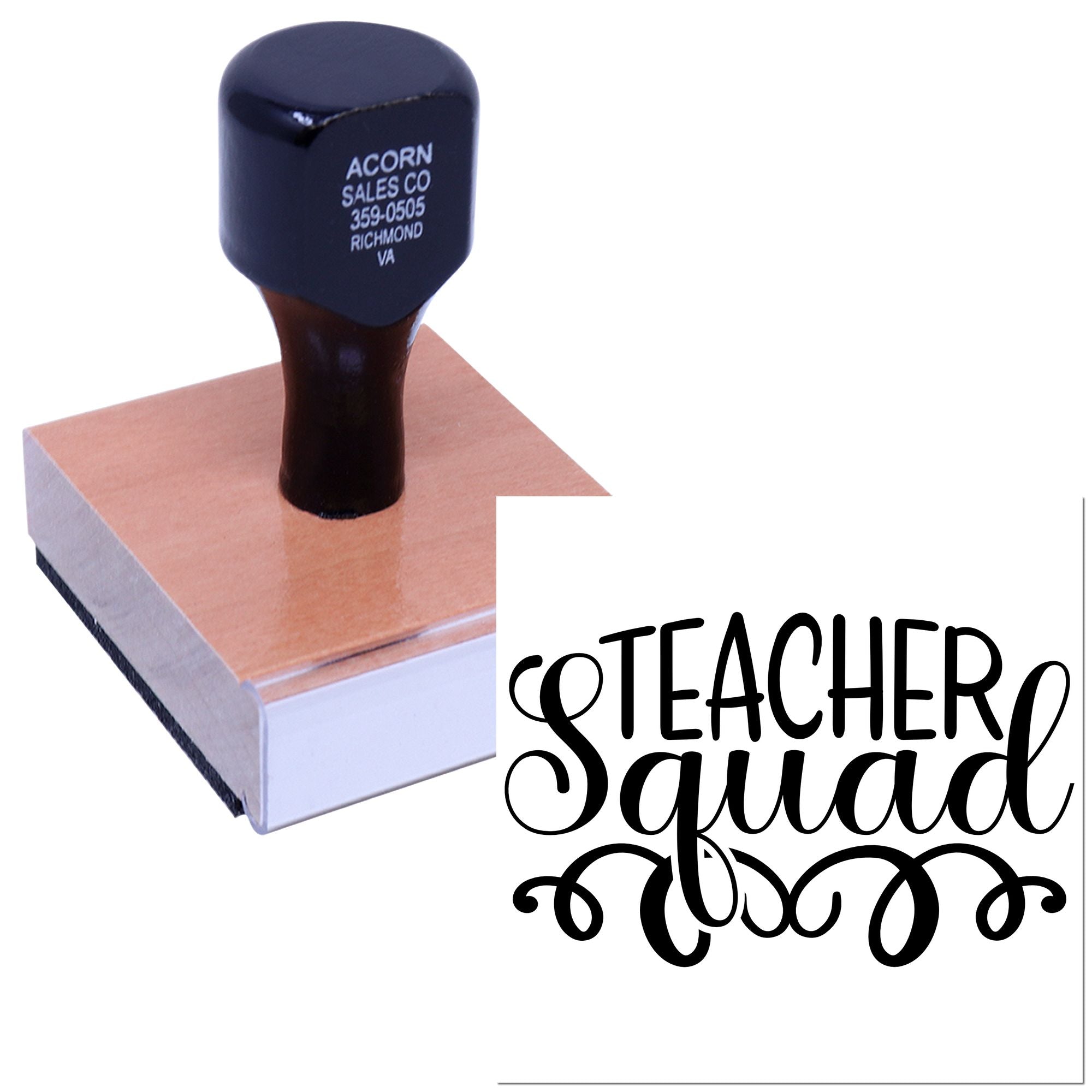 Custom Teacher Squad rubber stamp with wooden handle for classroom rewards, school projects, and teacher crafts.