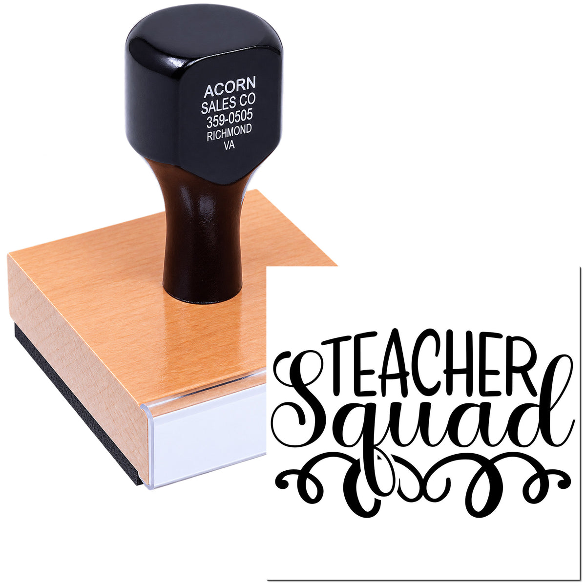 Custom Teacher Squad rubber stamp with wooden handle for classroom rewards, school projects, and teacher crafts.