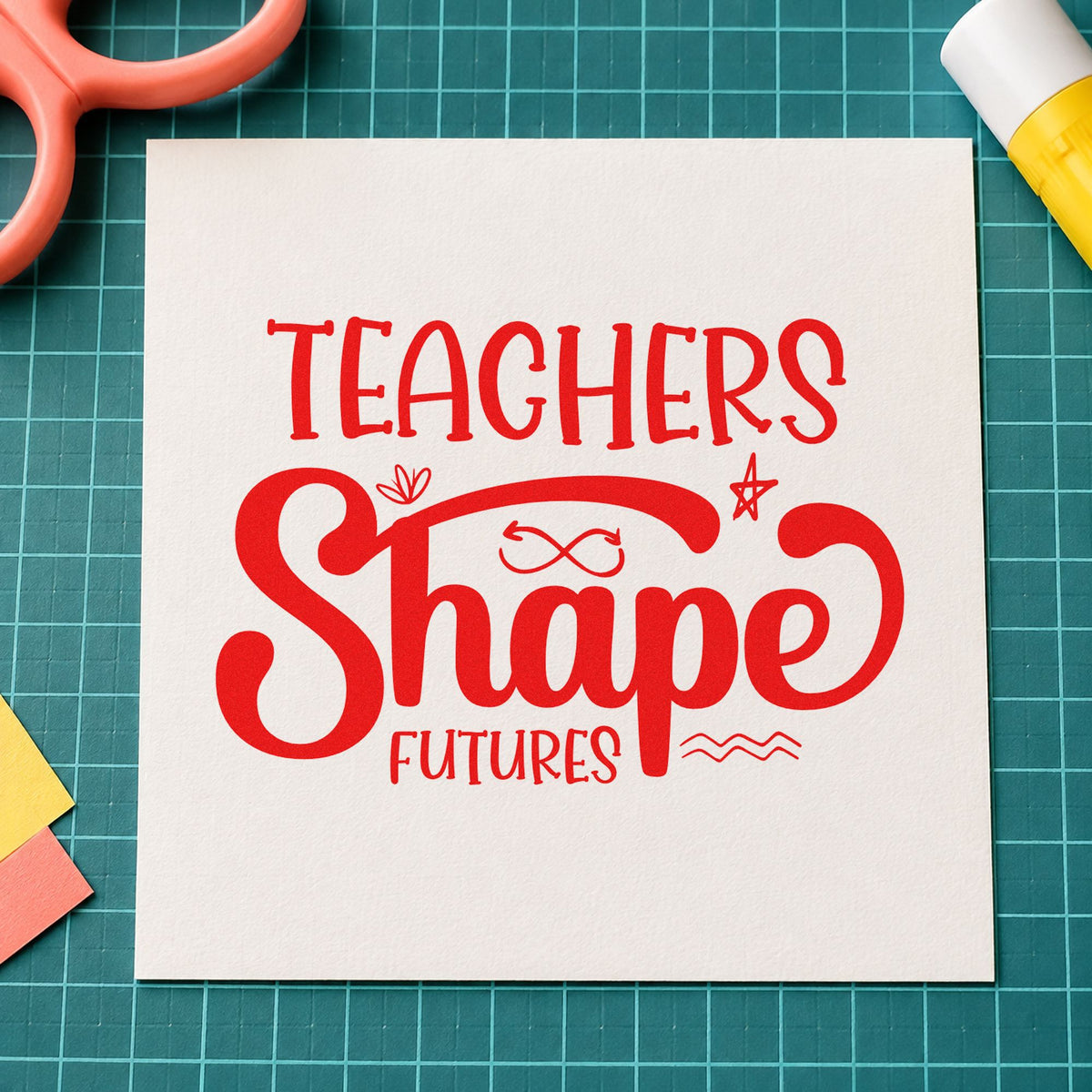 Teachers Shape Futures rubber stamp shown in red ink, stamped for projects such as feeder school notes.