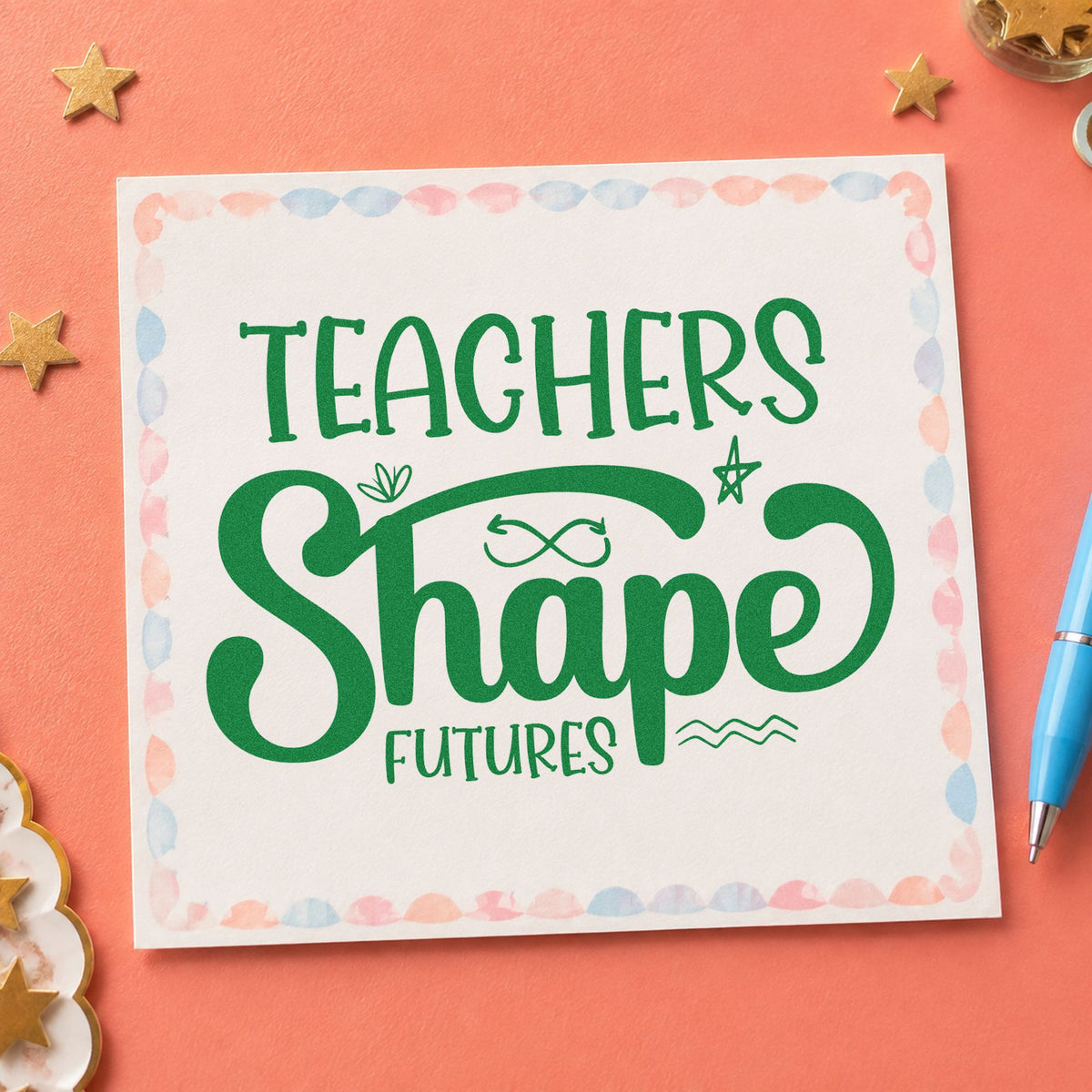 Teachers Shape Futures craft stamp imprint in green ink on a handmade project, one idea being framed stair landing.