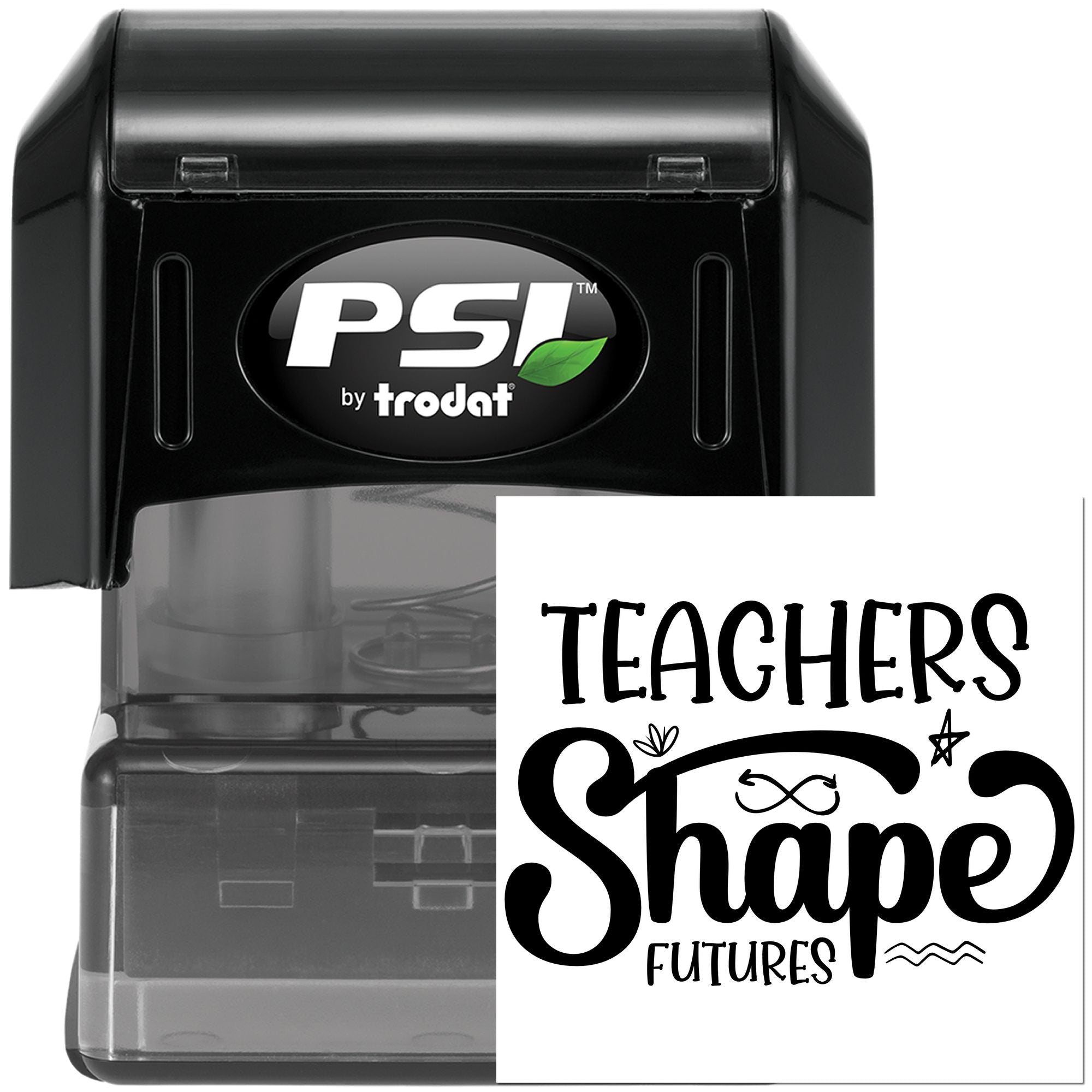 Self-inking teacher rubber stamp by Trodat with Teachers Shape Futures design for classroom use and appreciation gifts.