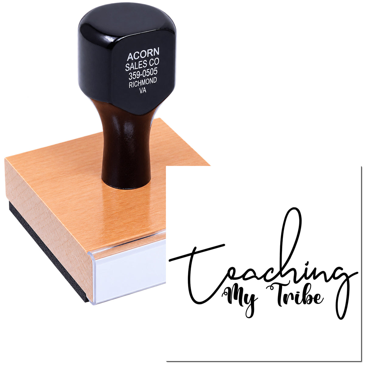 Custom rubber stamp with wooden handle for teacher branding, featuring Teaching My Tribe design.