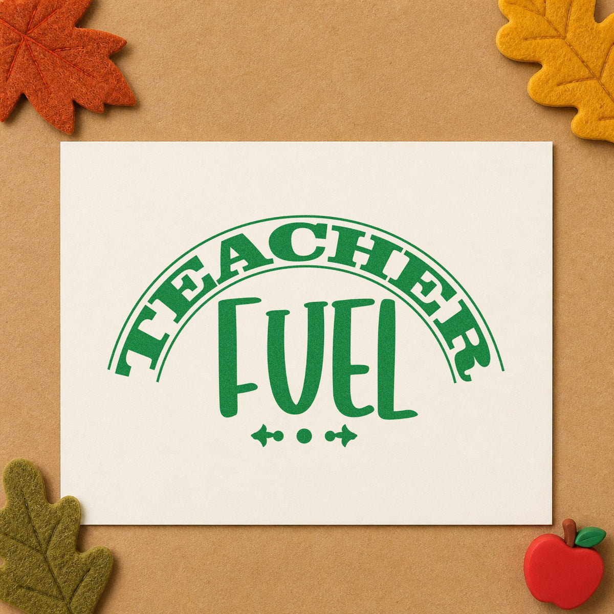 Teacher Fuel Arched Badge craft stamp imprint in green ink on a handmade project, one idea being stock list pages.