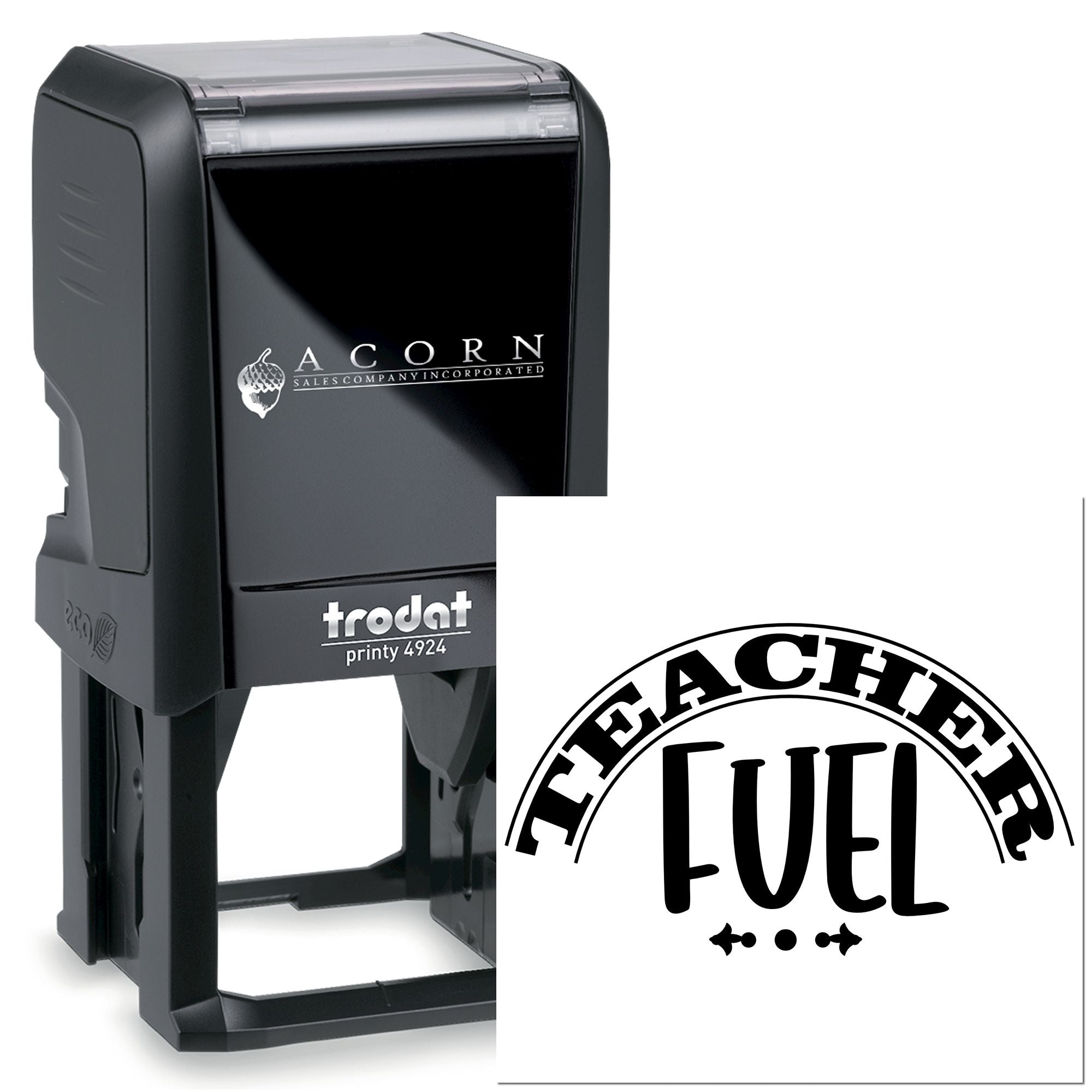 Custom self-inking Trodat Printy 4924 rubber stamp with Teacher Fuel logo for personalized classroom use.