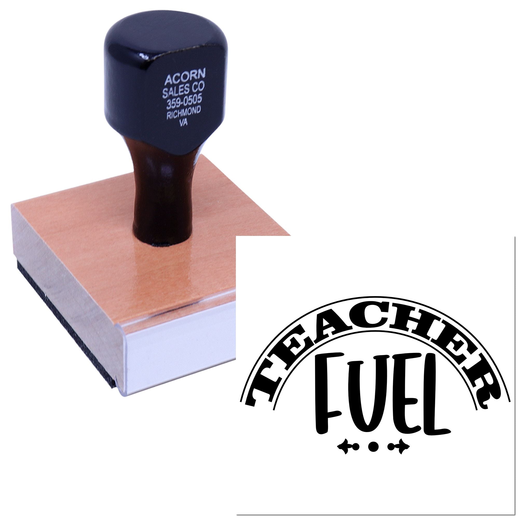 Custom wooden rubber stamp with Teacher Fuel logo, designed for personalized branding on school and office materials.