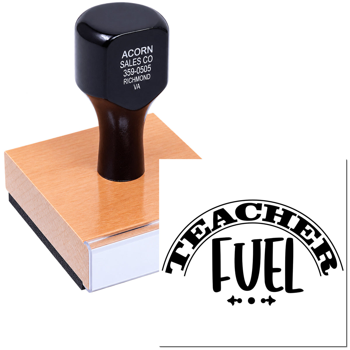 Custom wooden rubber stamp with Teacher Fuel logo, designed for personalized branding on school and office materials.