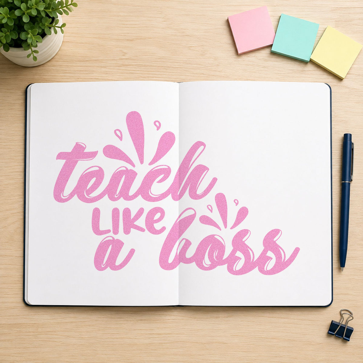 Teach Like A Boss craft stamp in purple ink on cardstock, an easy option for splatter kit tags.