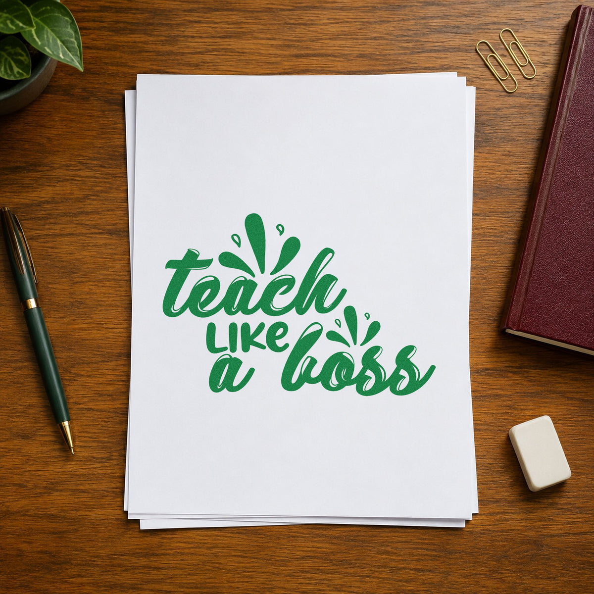 Teach Like A Boss craft stamp imprint in green ink on a handmade project, one idea being action art pages.