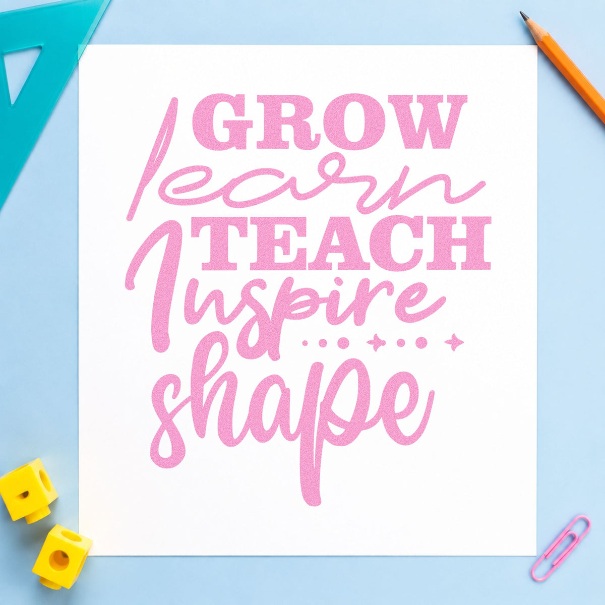 Grow Learn Teach Inspire Shape craft stamp in purple ink on cardstock, an easy option for career stage tags.